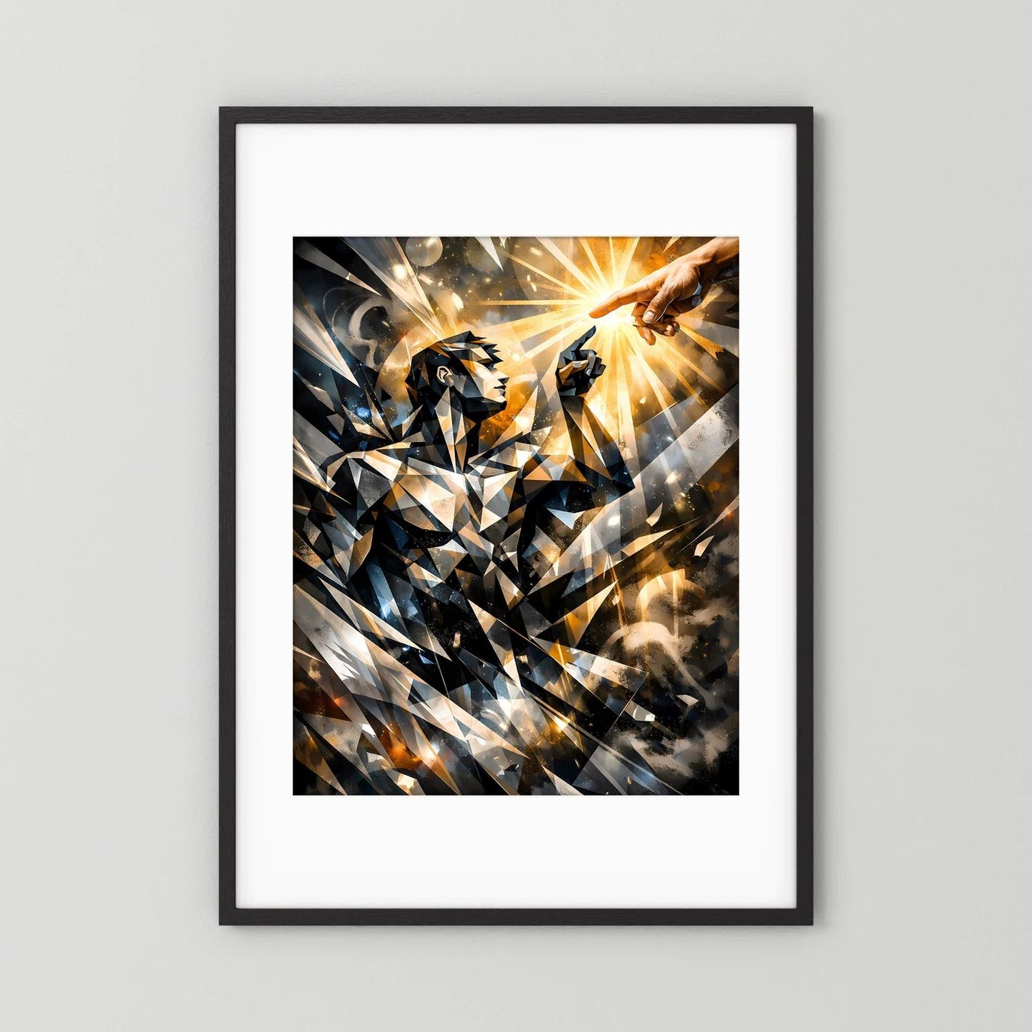 Abstraktes Hochformat-Wandposter im schwarzen Rahmen mit weißem Rand, goldene Strahlen und Hände