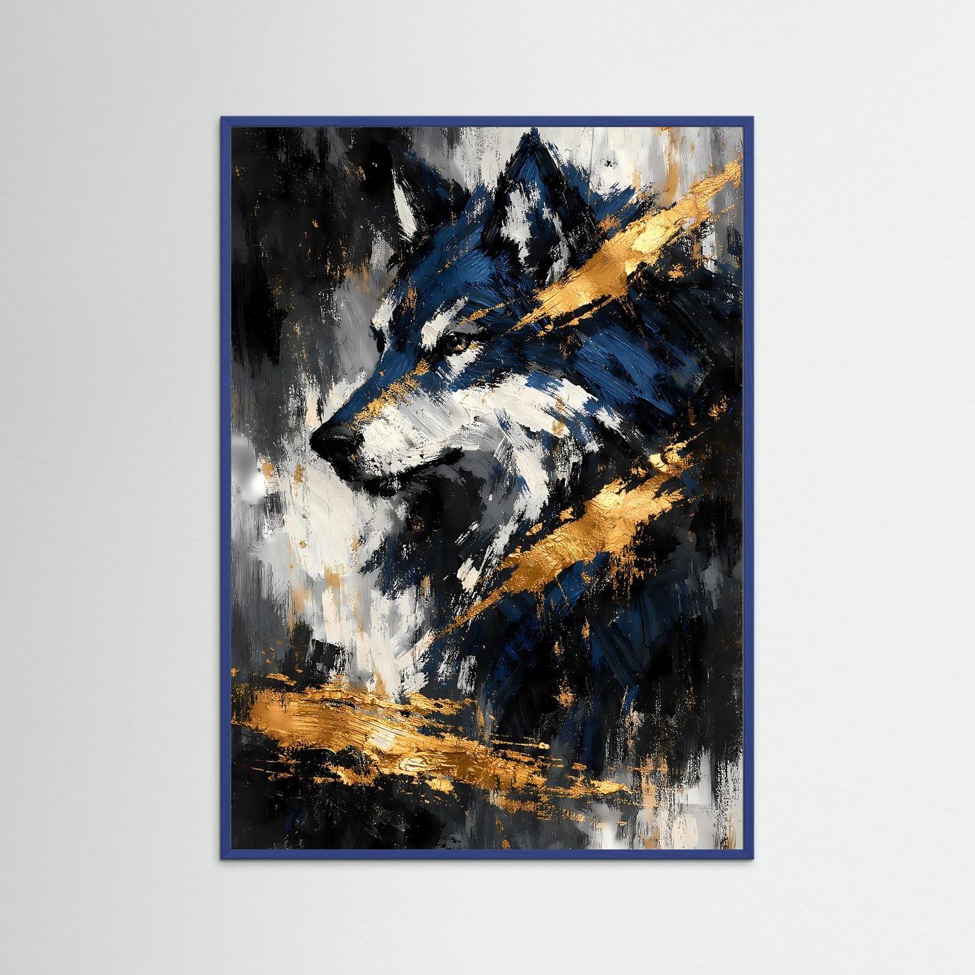 Wolfskunstposter mit abstraktem Tierporträt in Blau, Schwarz und Gold, blauer Rahmen