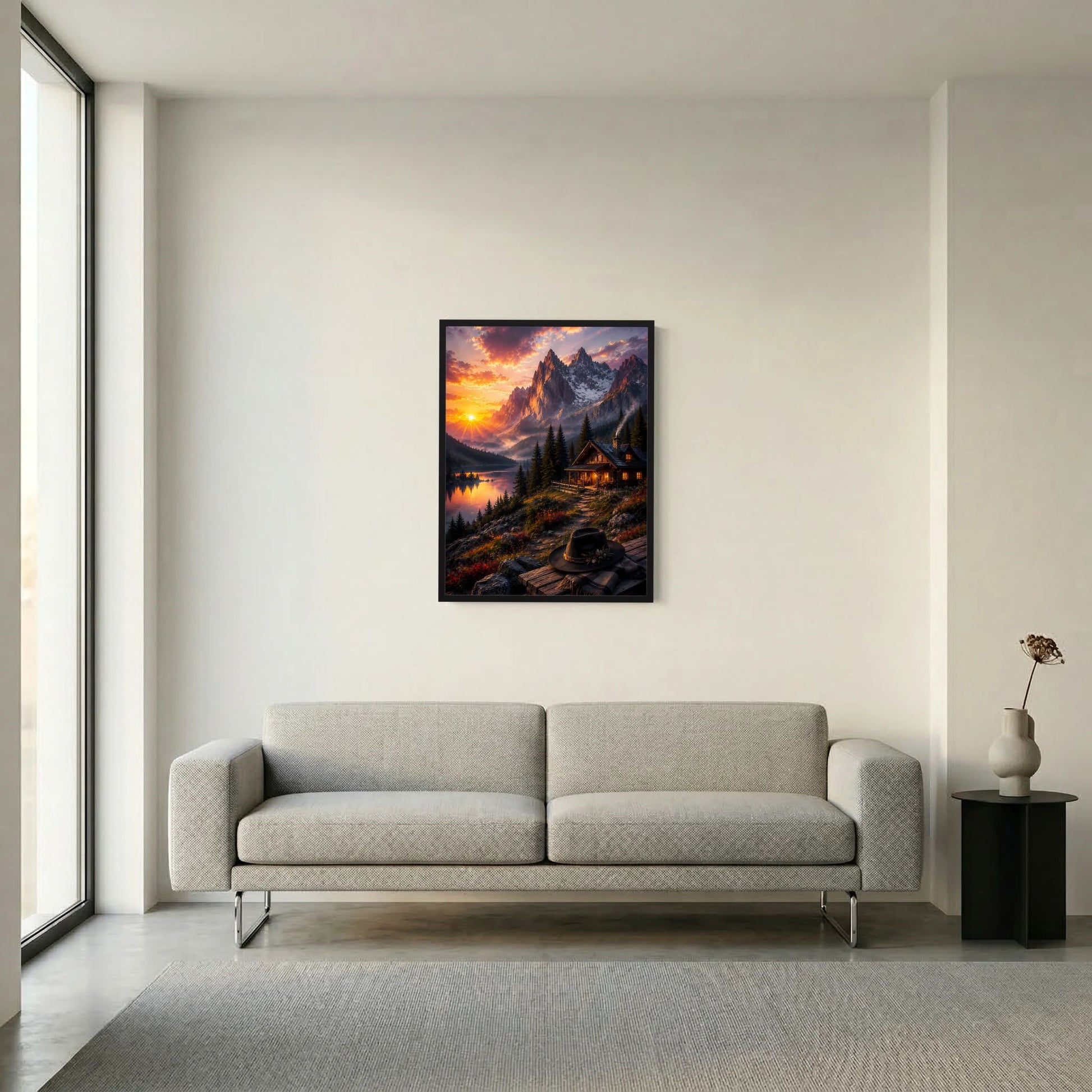 Hochformatiges Poster mit schwarzem Rahmen: Berglandschaft am See mit Berghütte bei Sonnenuntergang