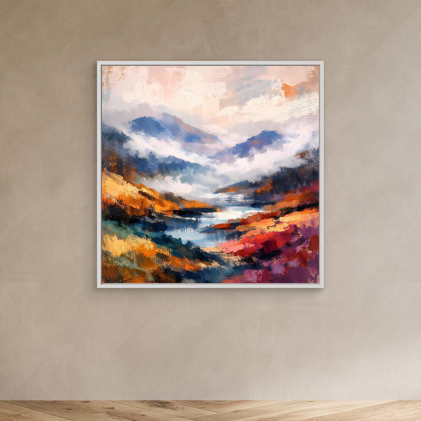 Abstraktes Leinwandbild: Bergtal mit Flusslauf im Nebel, mit weißem Rahmen