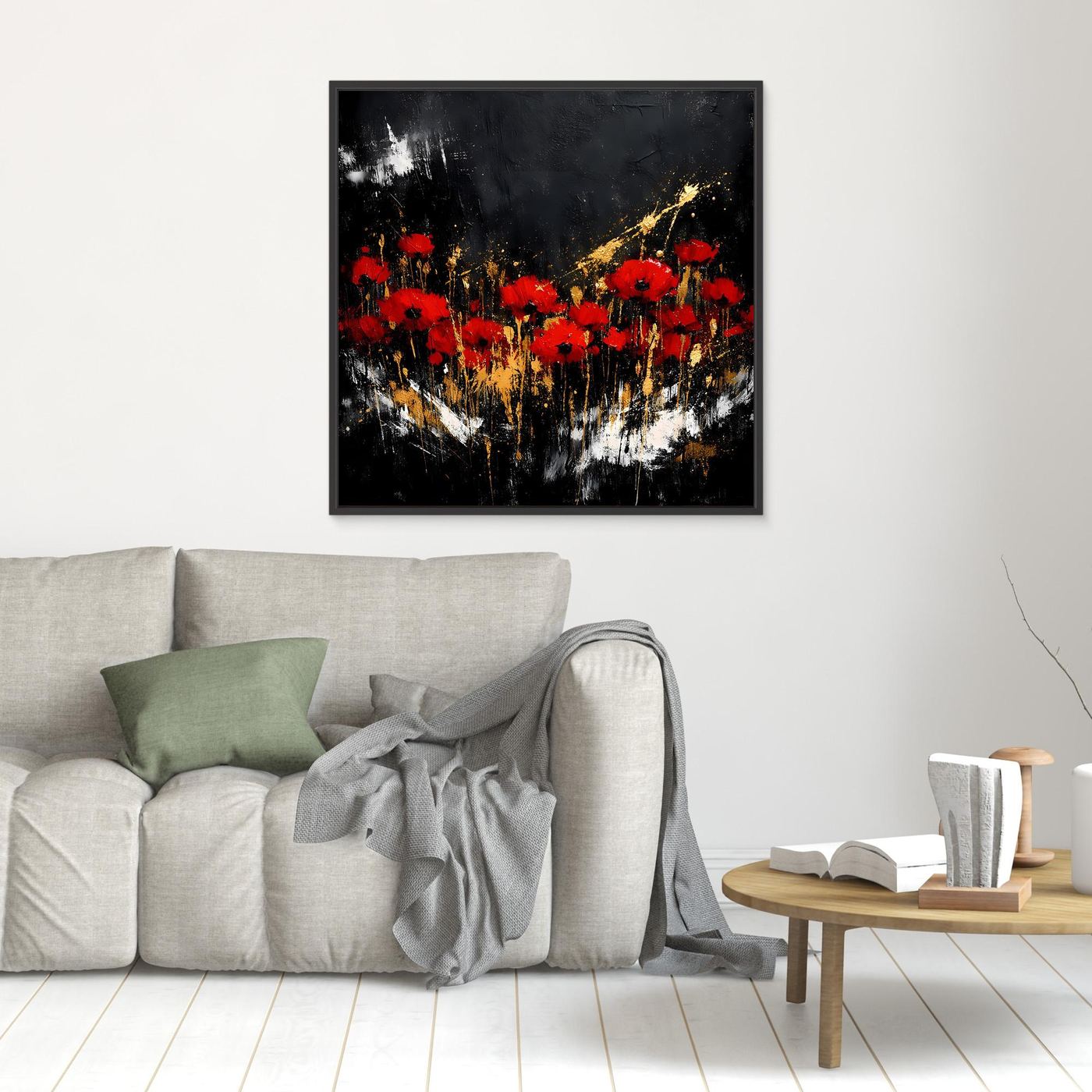 Leinwand Rote Mohnblumen mit Gold-Akzenten | Modernes Florales Wandbild Abstrakt