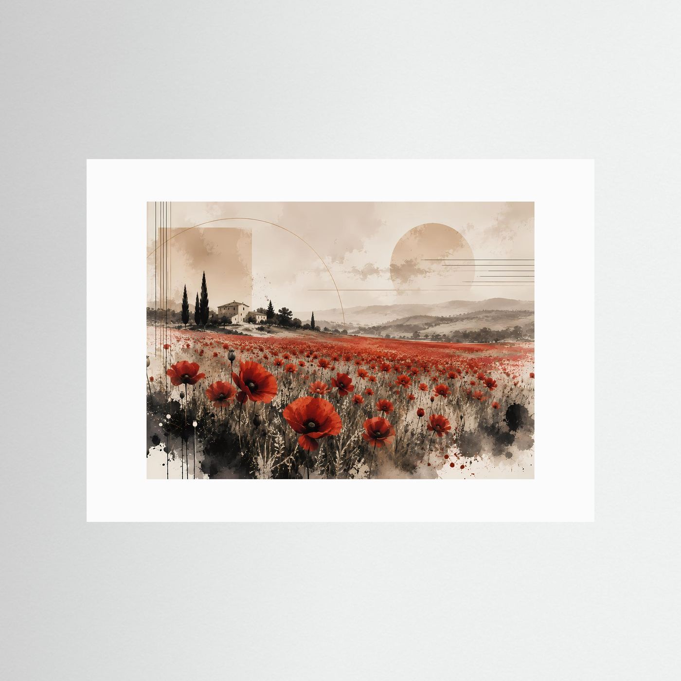 Querformat-Poster mit roten Mohnblumen im Feld, mit weißem Passepartout.