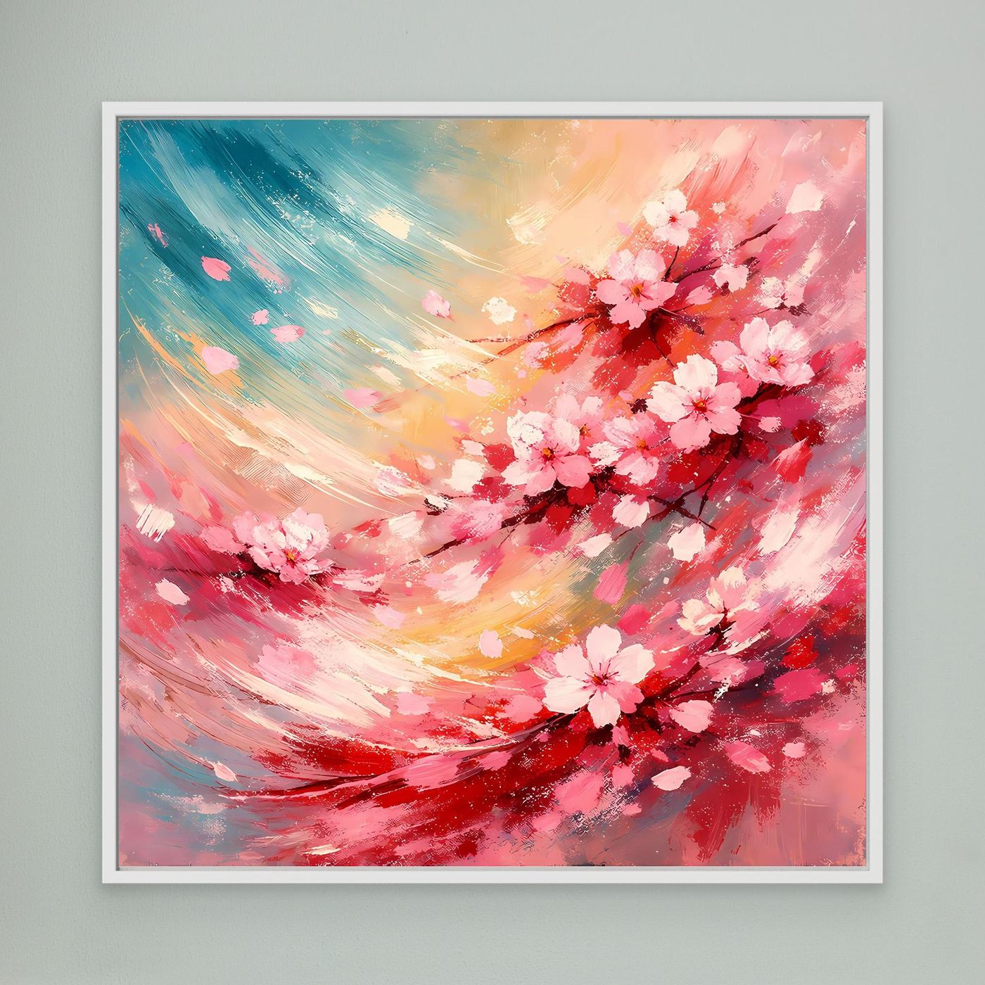 Leinwandbild mit abstrakten Kirschblüten in Pink, Gelb und Blau, weiß gerahmt