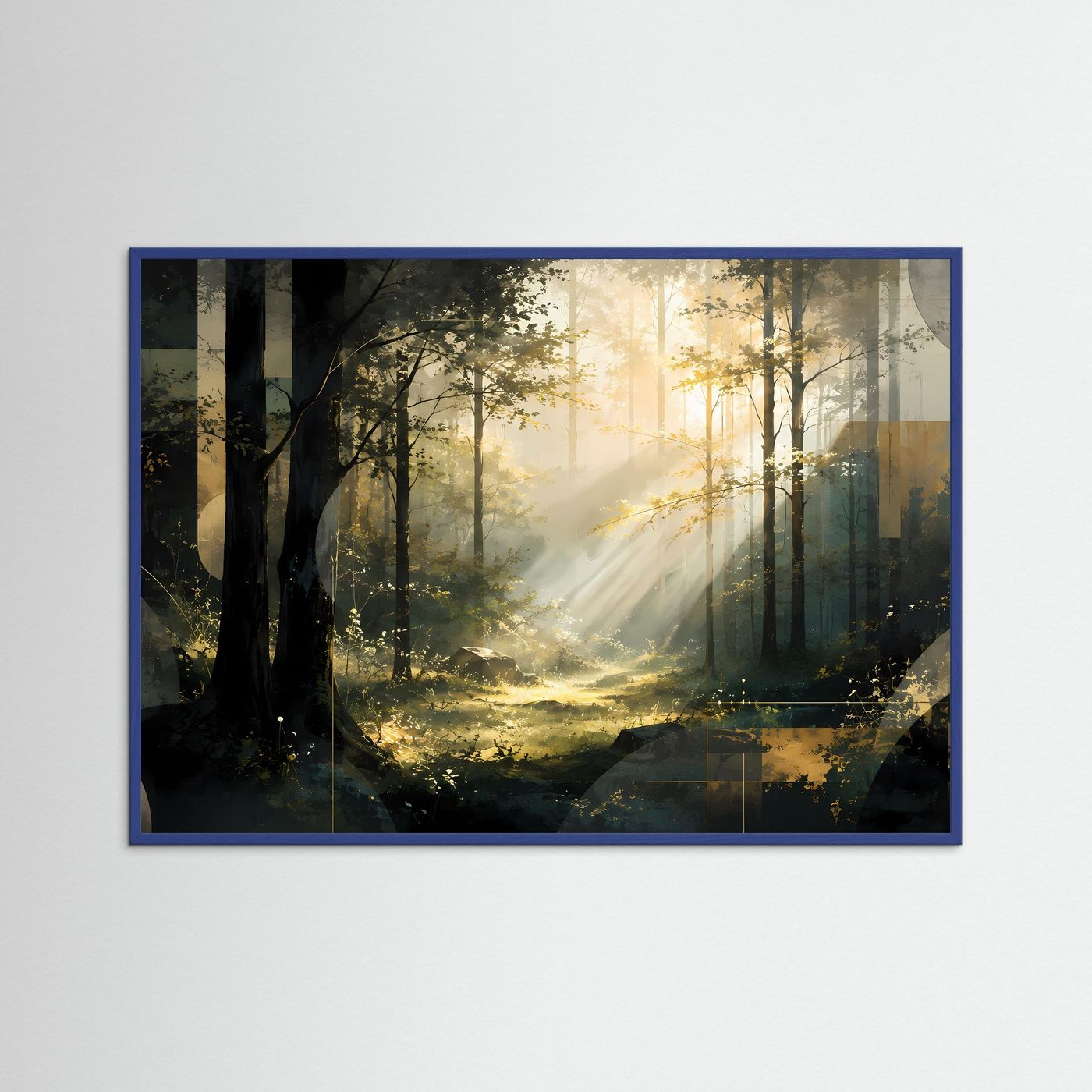 Wald-Wandkunst im Sonnenlicht mit blauem Holzrahmen, Bäume und goldene Lichtstrahlen, Querformat