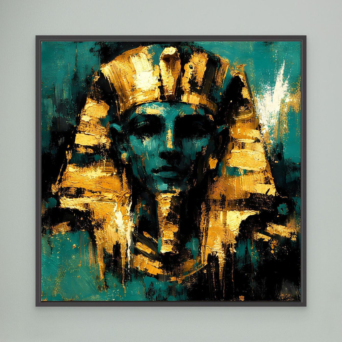 Gerahmtes Leinwand-Wandbild mit abstrahiertem Pharao in Türkis und Gold, schwarzer Rahmen