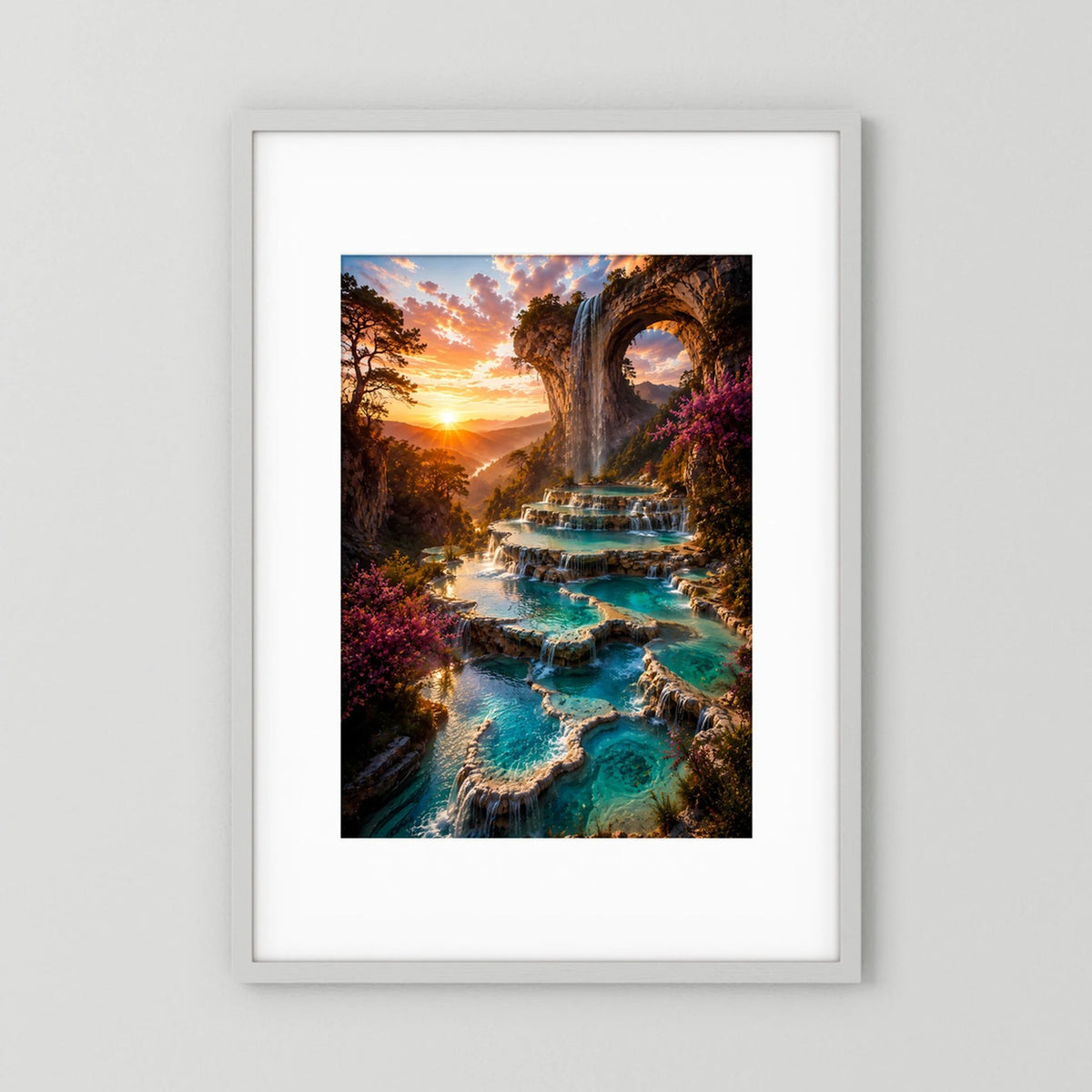 Hochformatiges Kunstposter: türkisfarbenes Wasser, Wasserfall und Felsentor bei Sonnenuntergang