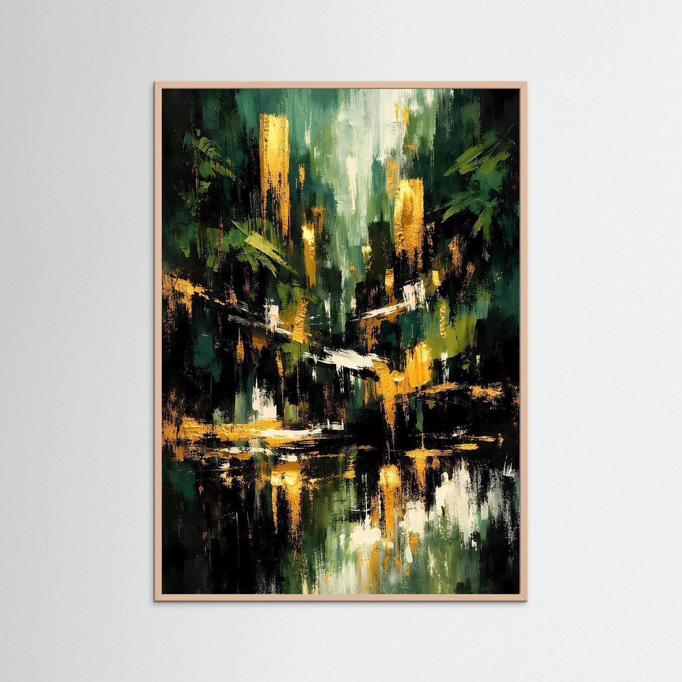 Abstraktes Kunstposter im rosafarbenen Holzrahmen: smaragdgrüner Wald mit goldenen Reflexen