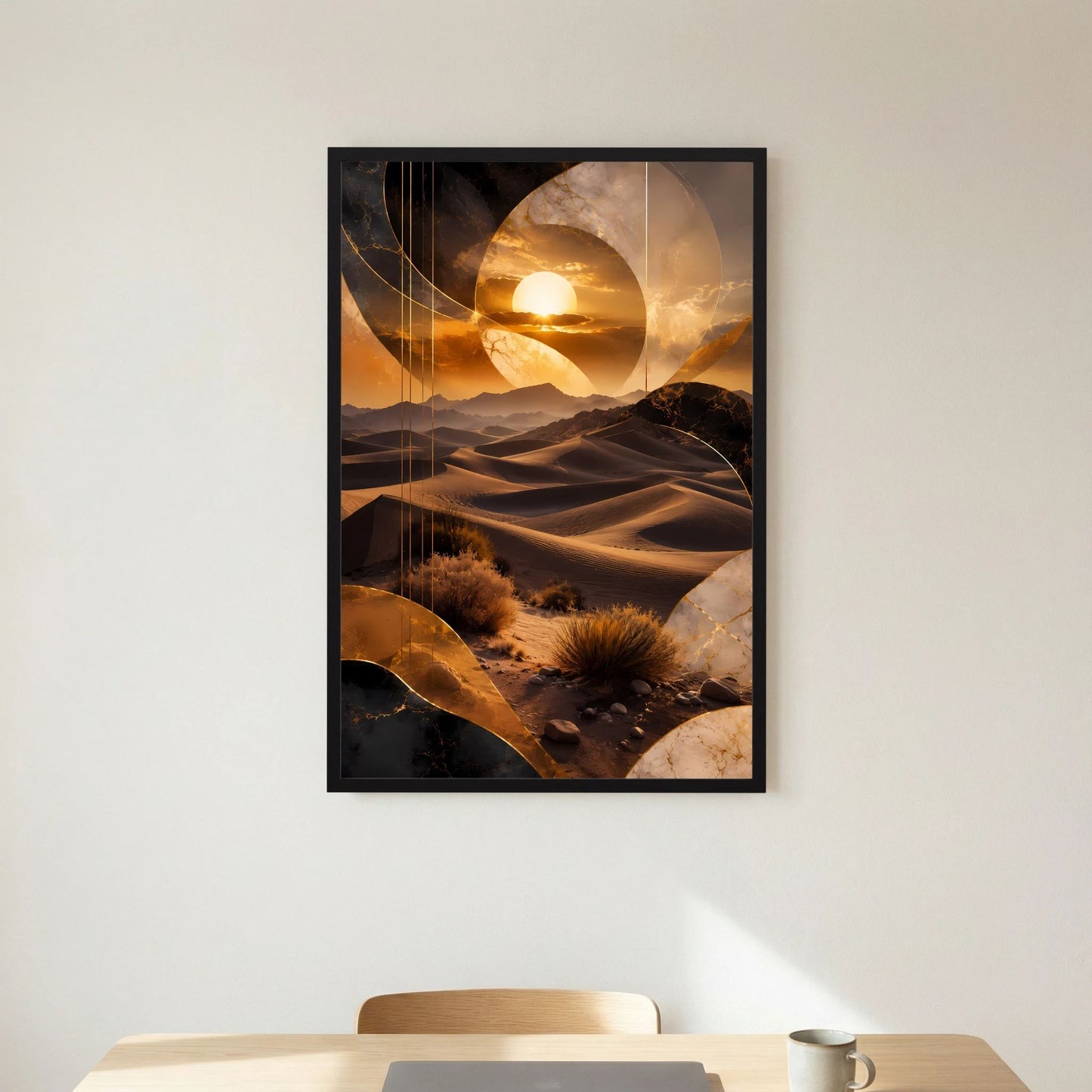 Gerahmtes Hochformat-Poster mit goldenem Sonnenuntergang über Dünen, abstrakte Kreise