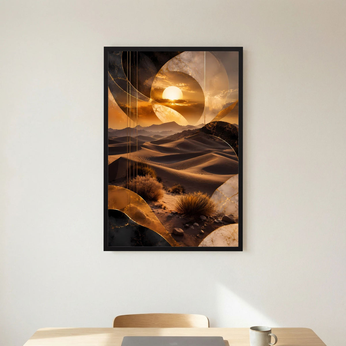 Gerahmtes Hochformat-Poster mit goldenem Sonnenuntergang über Dünen, abstrakte Kreise