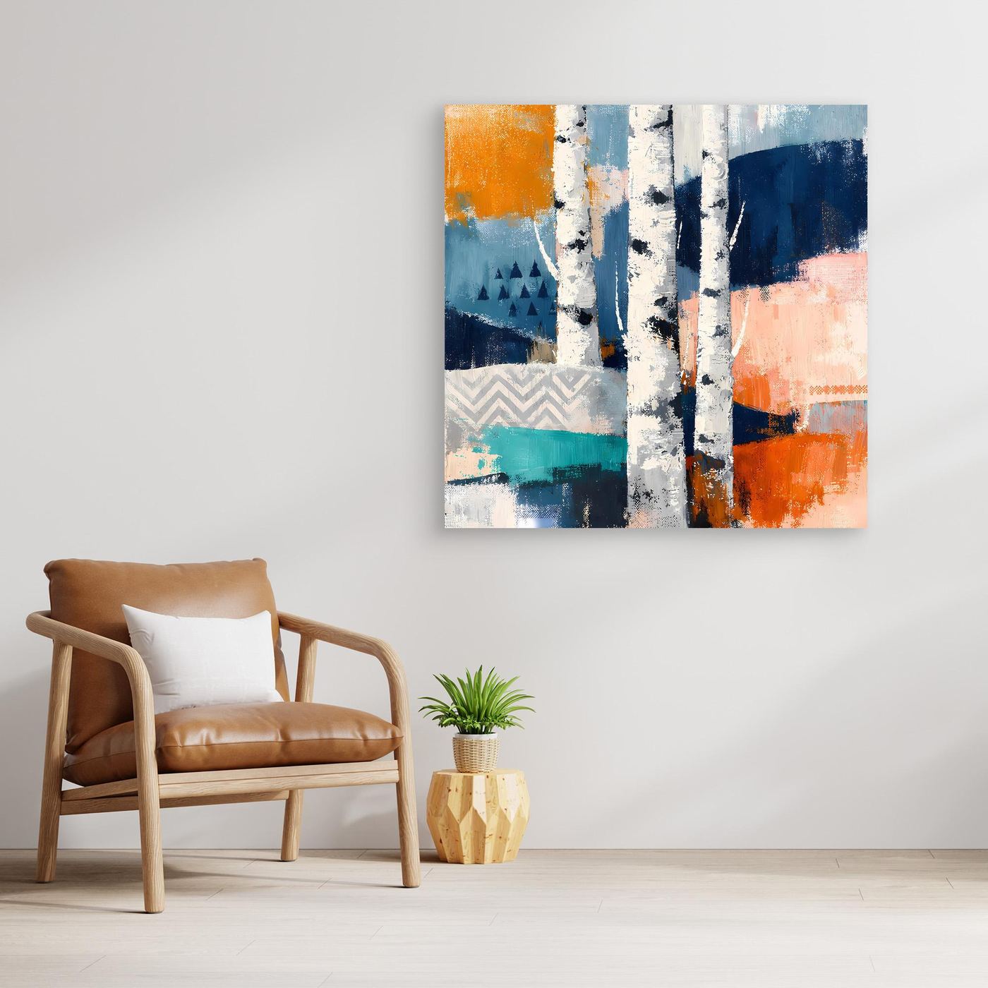 Leinwand-Wandbild mit abstraktem Birkenwald, blaue und orange Farbfelder, weiße Birch-Spuren
