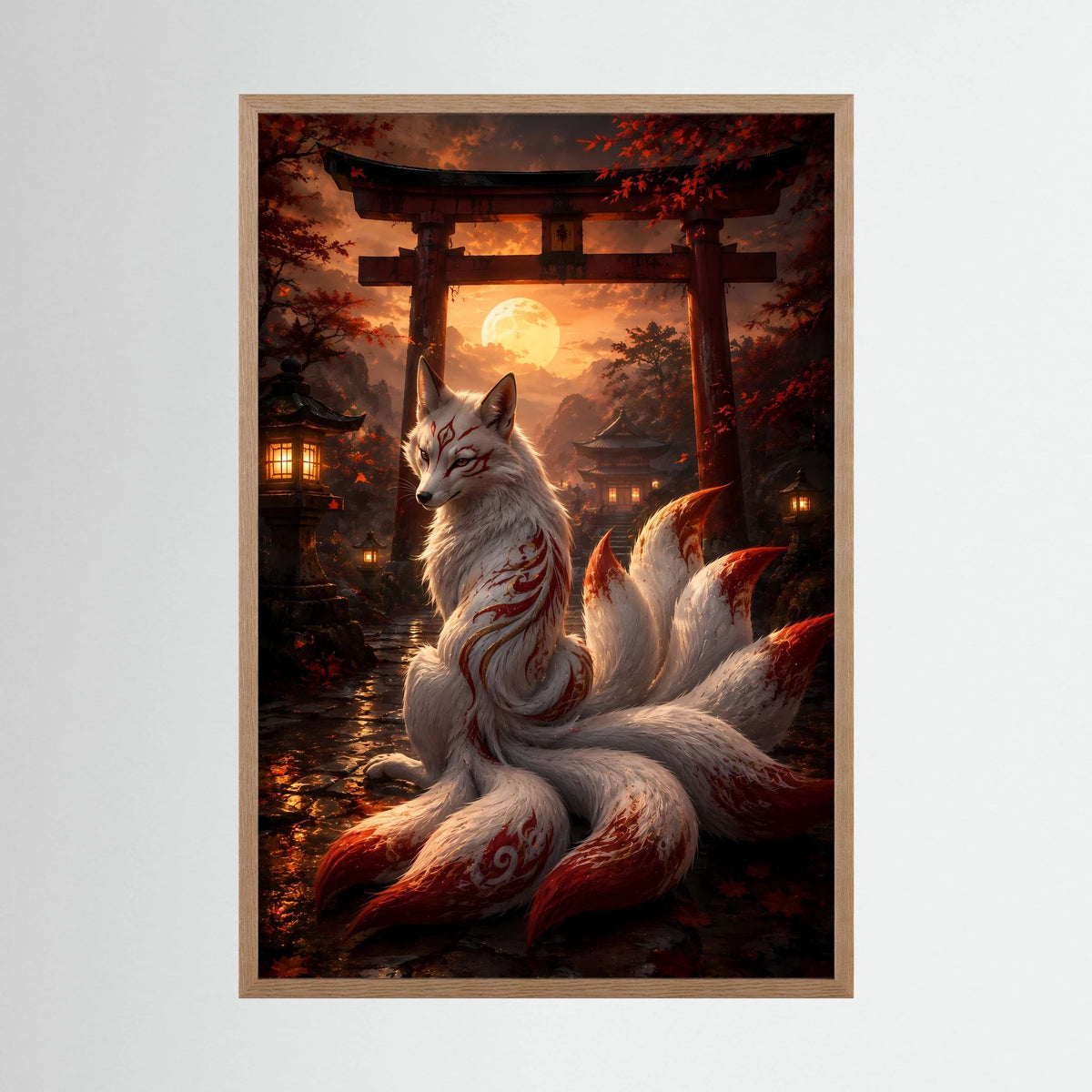 Poster im hellen Holzrahmen: weiß-grauer Kitsune-Fuchs mit neun Schweifen