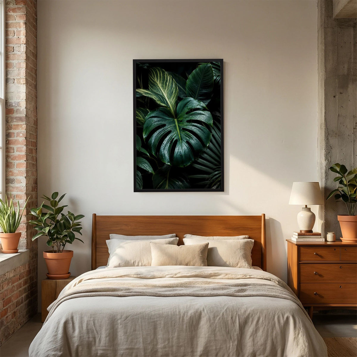 Gerahmtes Poster mit Monstera-Blättern, dunkelgrün und tropfnass, schwarzer Rahmen