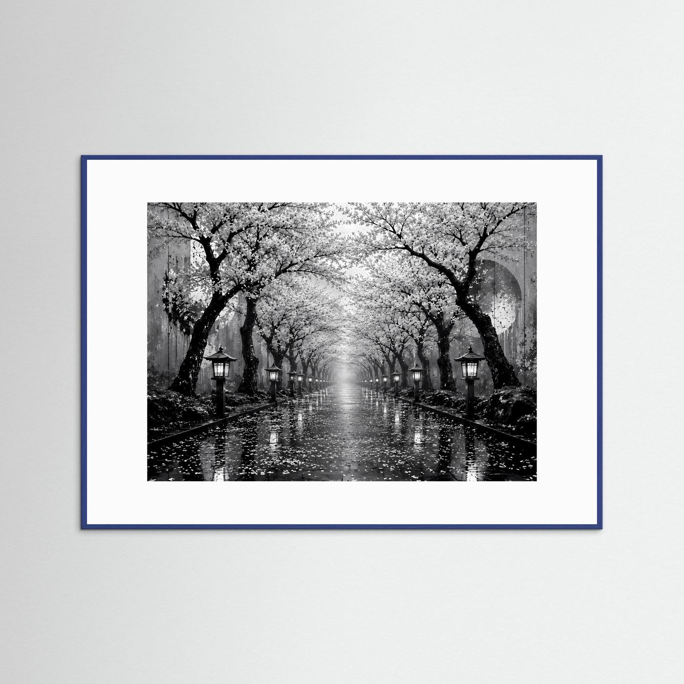 Kirschblütenallee Schwarz-Weiß | Japanisches Wandbild mit Laternen im Regen