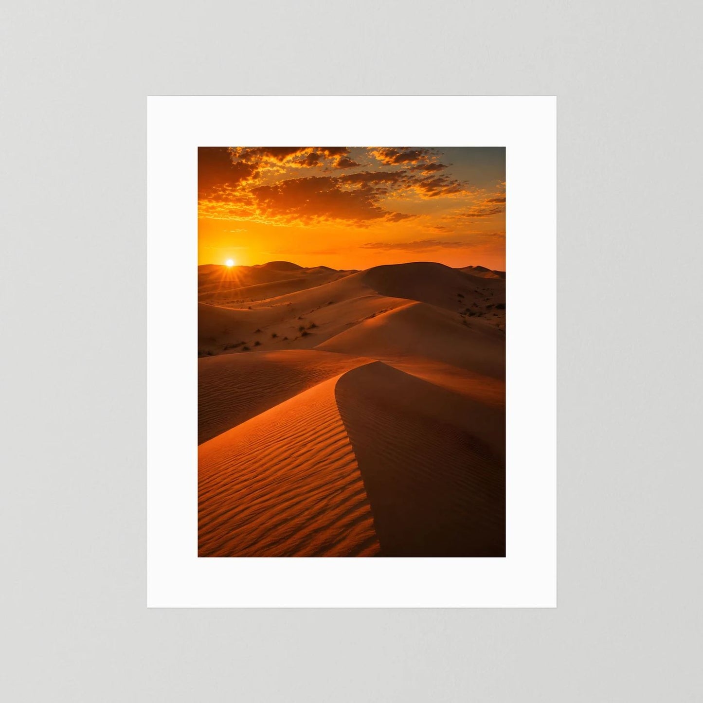 Poster im Hochformat mit goldenen Sanddünen und Sonnenuntergang, ohne Rahmen