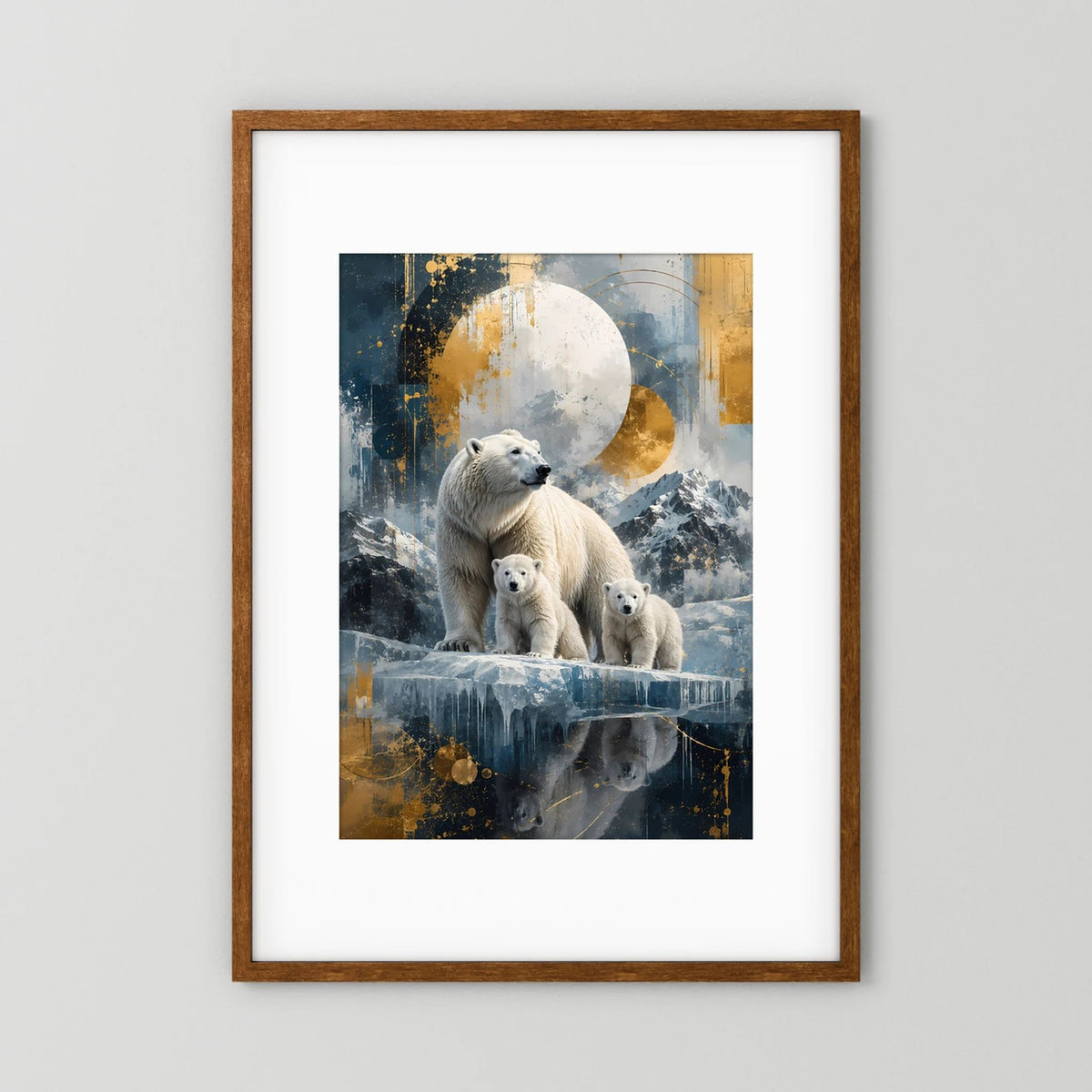 Hochformatiges Poster mit Eisbärenfamilie, Mondmotiv in Blau, Weiß und Gold, mit Holzrahmen