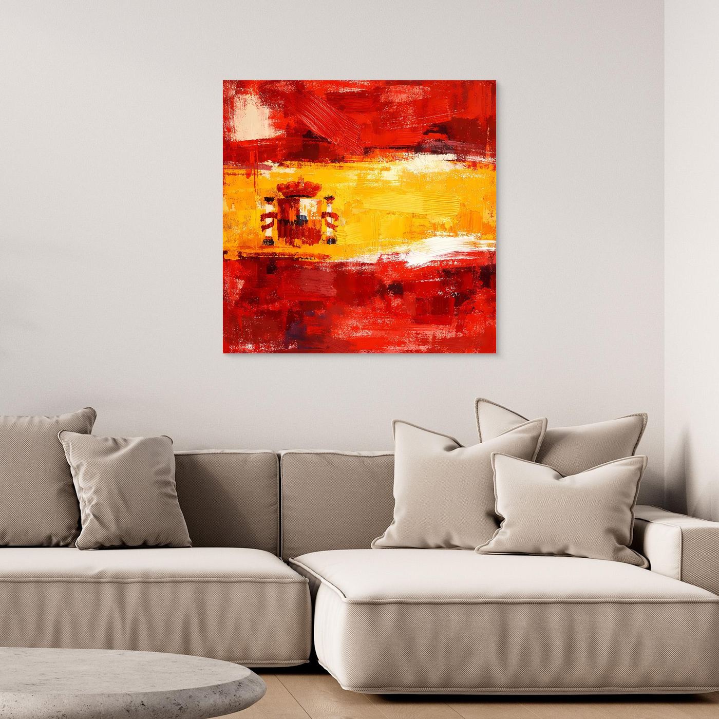 Square abstract canvas wall art with red and yellow brushstroke flag and crest-like emblem