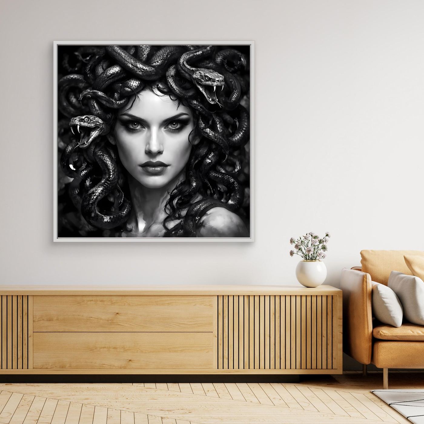 Leinwand Mystische Medusa im Schlangenkleid | Düsteres Mythologie Wandbild