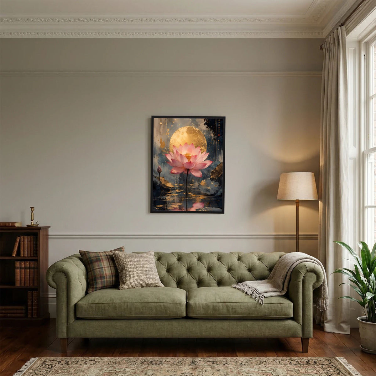 Wandposter mit rosa Lotusblüte über ruhigem Wasser, goldener Kreis und dunkler Rahmung
