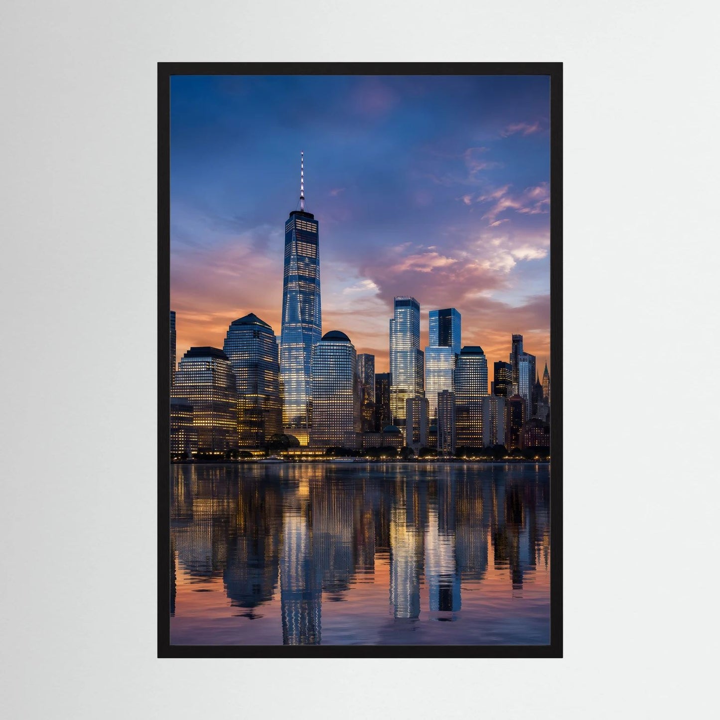 Hochformatiges Skyline-Poster im schwarzen Rahmen, mit Stadtansicht und Spiegelung im Wasser
