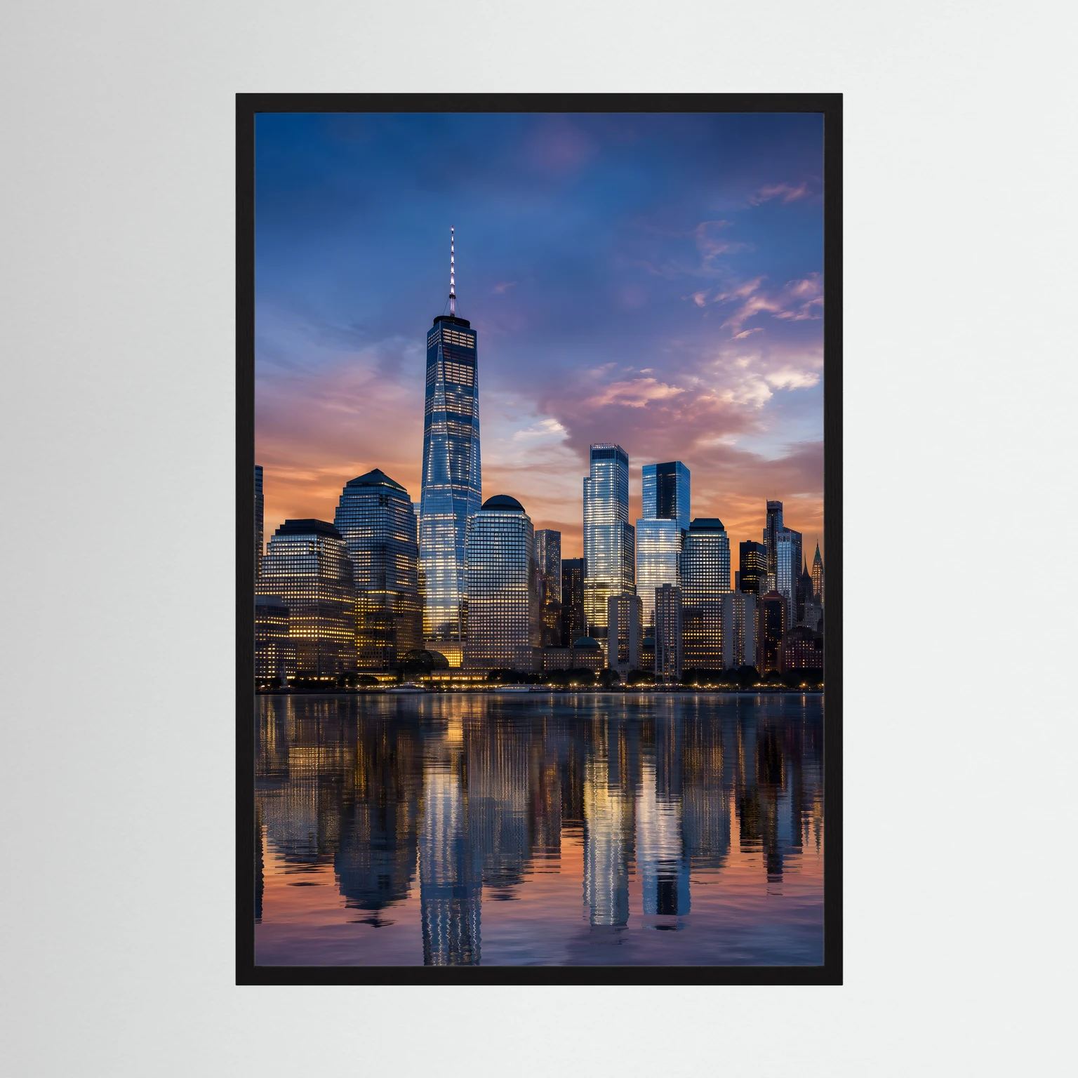 Hochformatiges Skyline-Poster im schwarzen Rahmen, mit Stadtansicht und Spiegelung im Wasser
