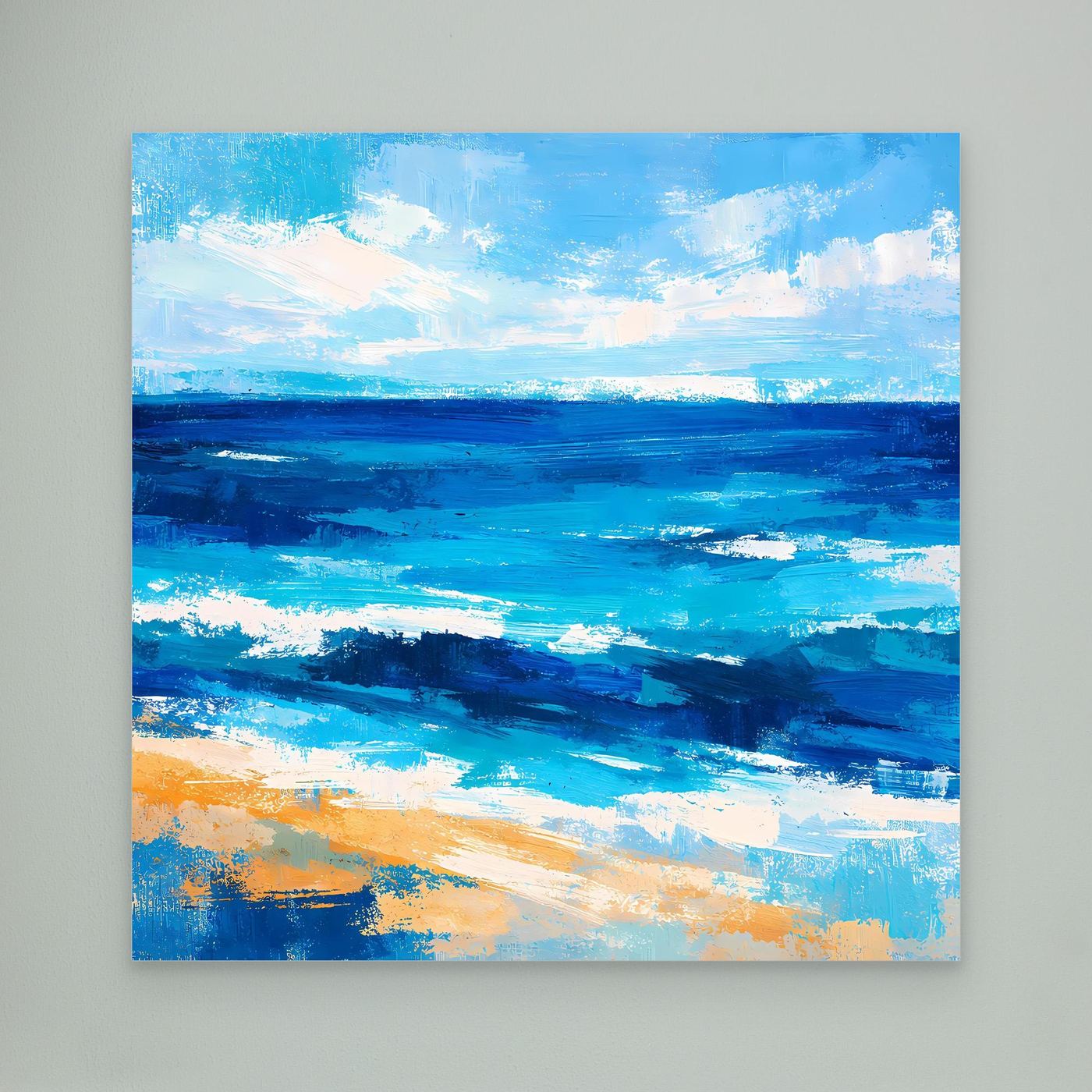 Abstract ocean canvas wall art with blue sea, clouds, and sandy band, unframed