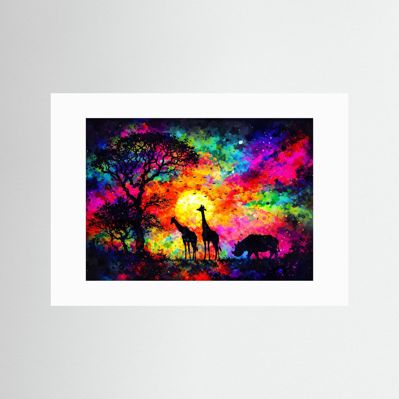 Querformat-Poster mit weißem Passepartout: Giraffe, Nashorn und leuchtende Sonne