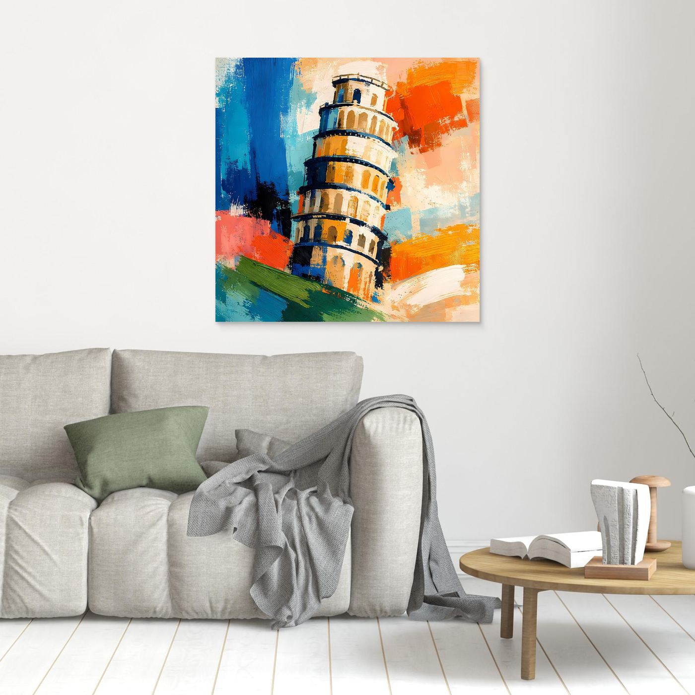 Small framed abstract tower painting with blue, orange, and green colors