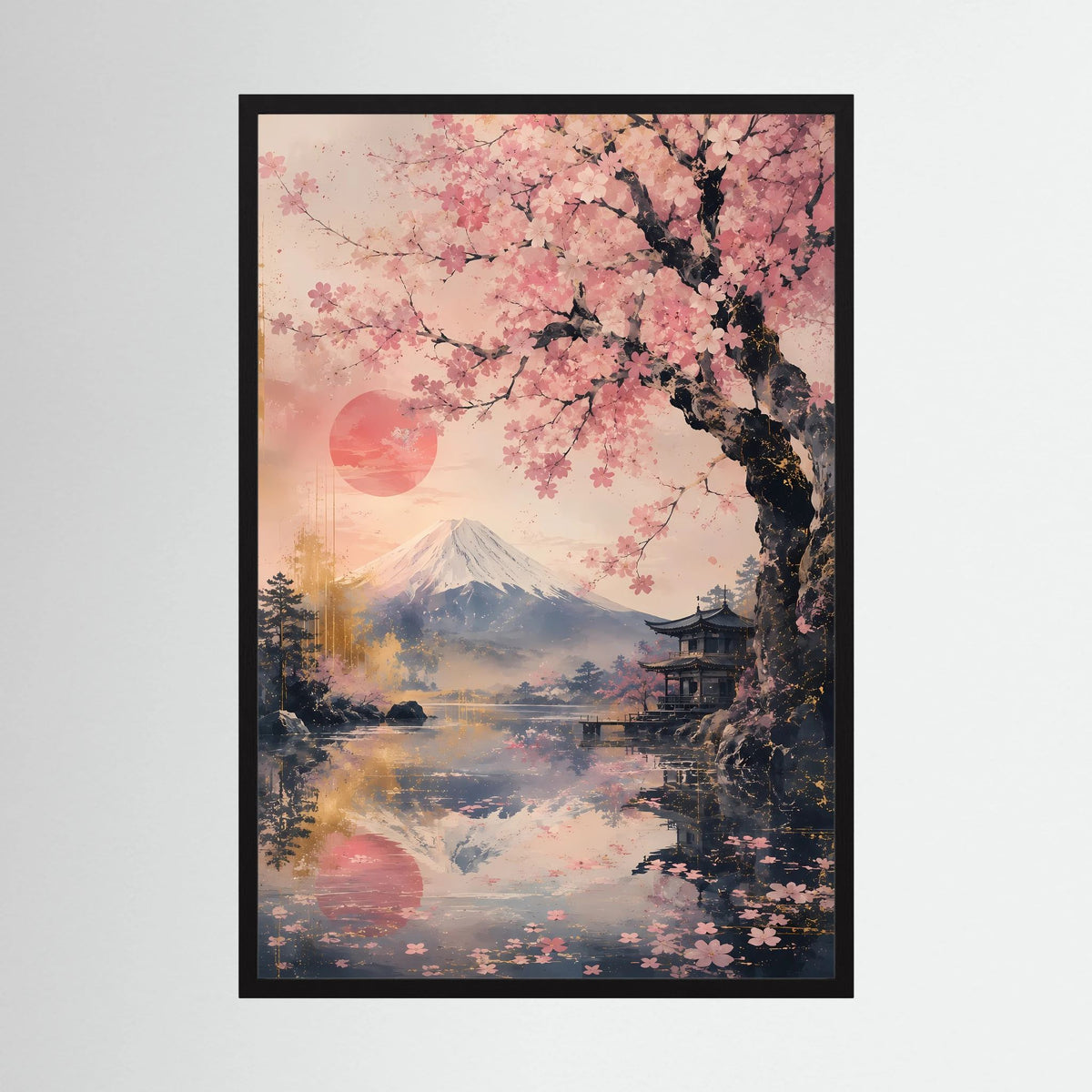 Hochformat-Poster im schwarzen Rahmen: Sakura, Fuji und Pagode über See in Rosa und Gold