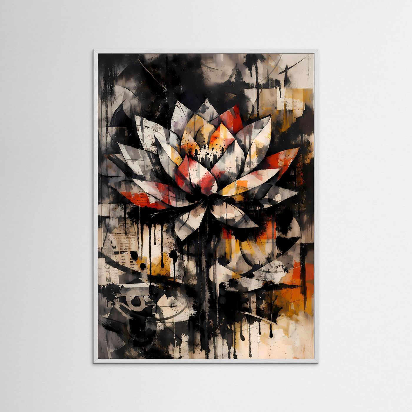 Die Kraft der Reinheit | Abstraktes Lotus Poster in Schwarz, Weiß & warmen Akzenten | Expressives Urban Art Kunstposter Hochformat