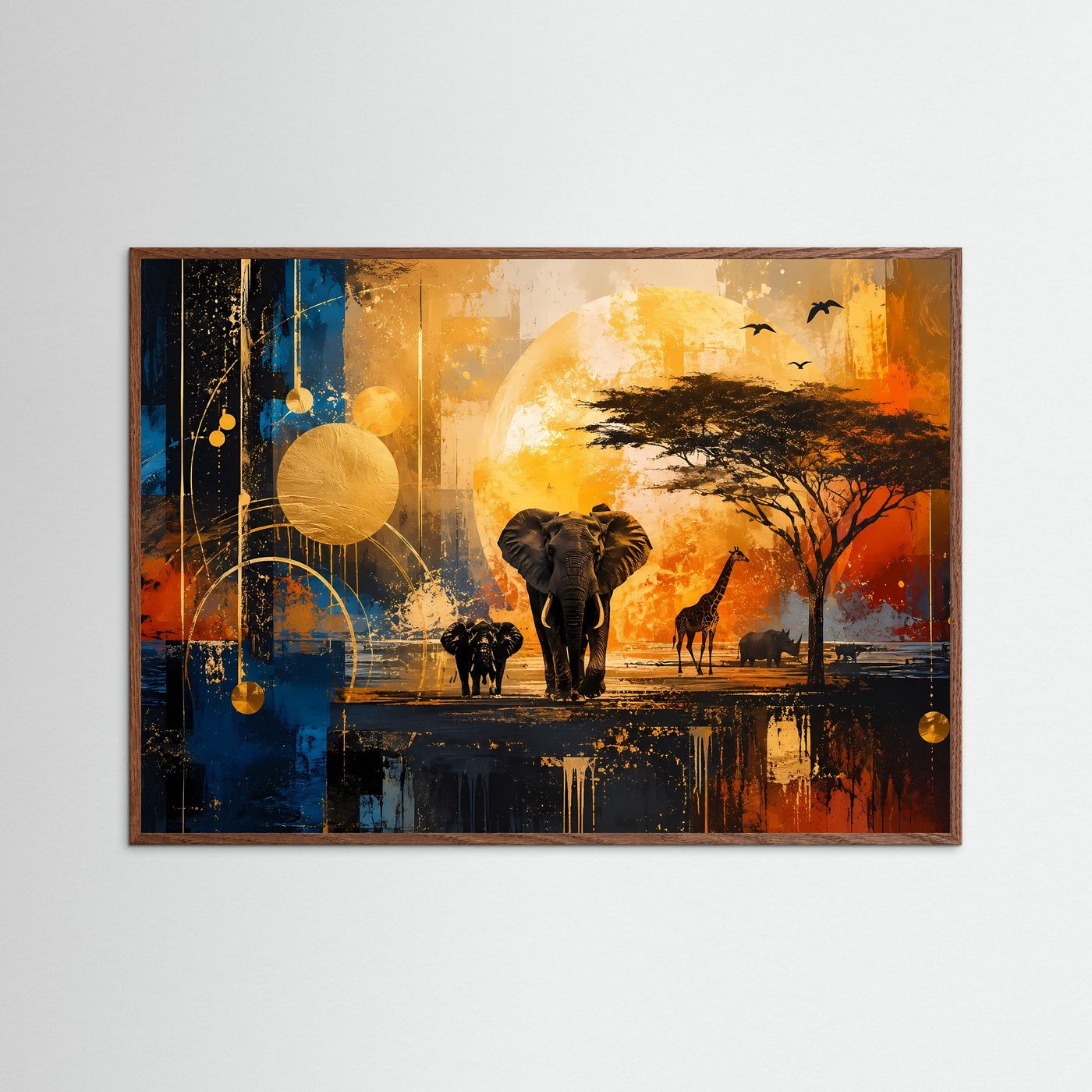 Afrikanische Safari Wandbild | Elefantenfamilie bei Sonnenuntergang in Gold & Blau