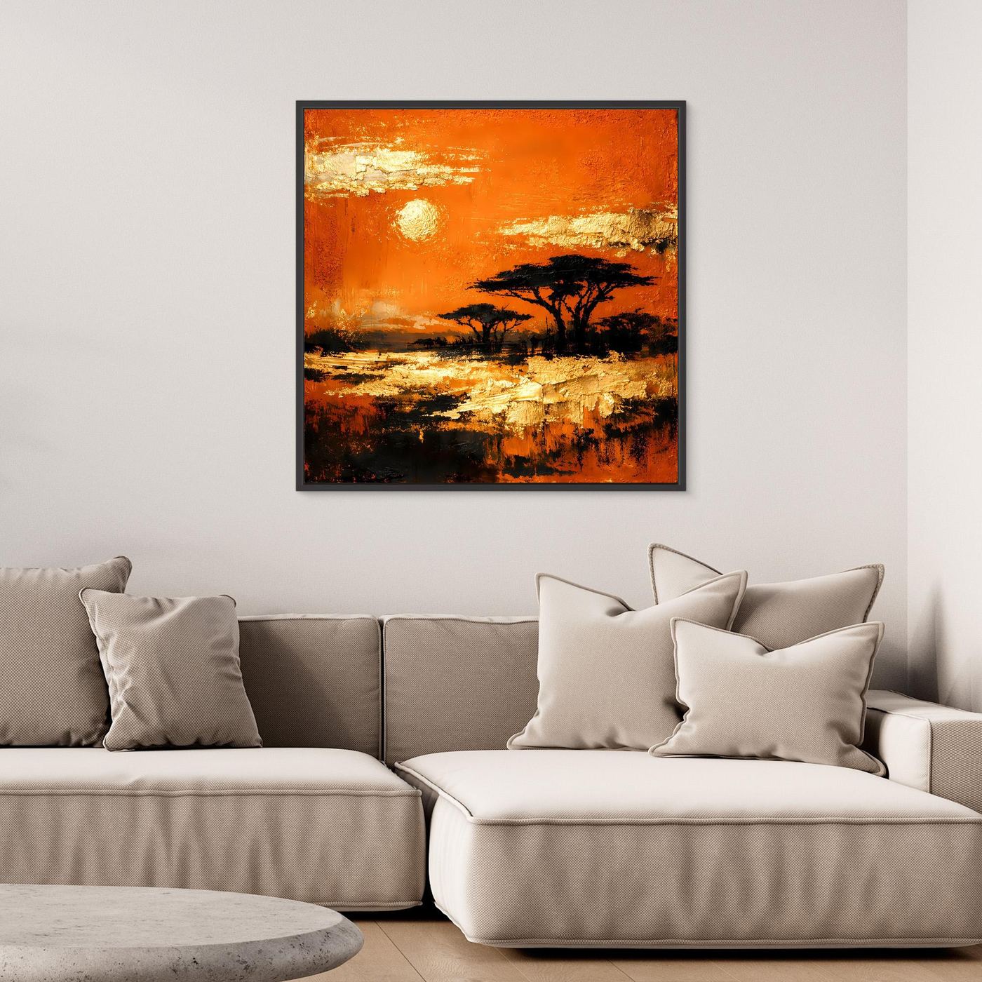 Leinwand Abstraktes Savannen-Panorama | Modernes Afrika Wandbild in Orange und Goldblättern