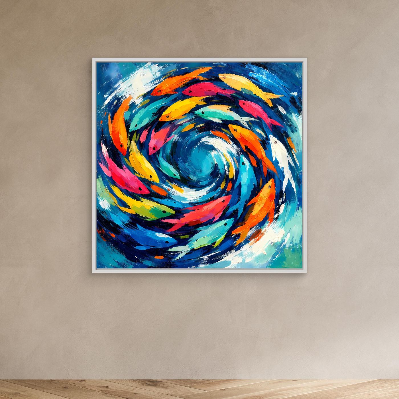 Leinwand Dynamischer Fischschwarm im Strudel | Abstraktes Ozean & Meer Wandbild