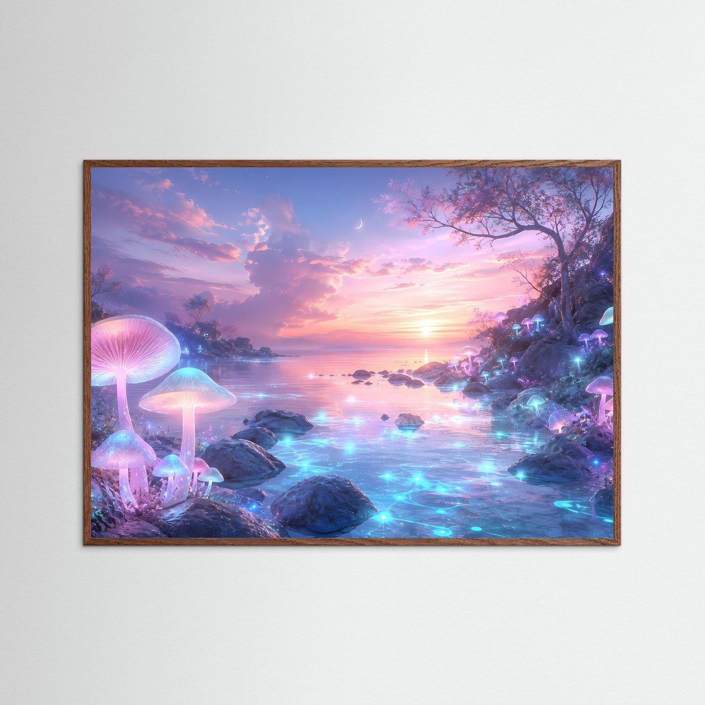Magischer Pilzwald Poster | Fantasie Landschaft Wandkunst | Leuchtende Pilze am Traumsee | Mystische Fantasy Wall Art | Premium Leinwandbild