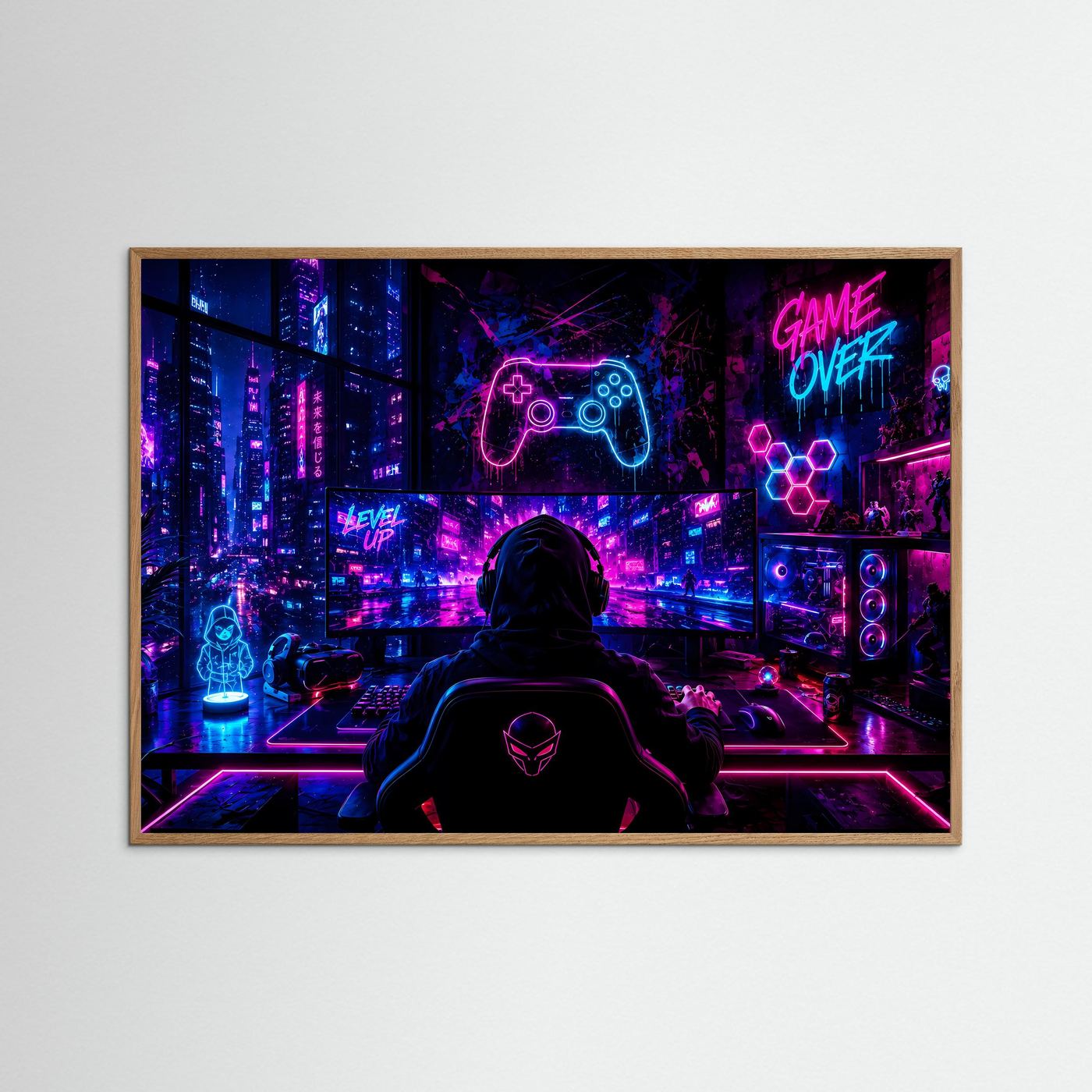Gaming Setup Poster | Cyberpunk Gamer Zimmer mit Neon RGB Beleuchtung | Futuristische Gaming Wandkunst