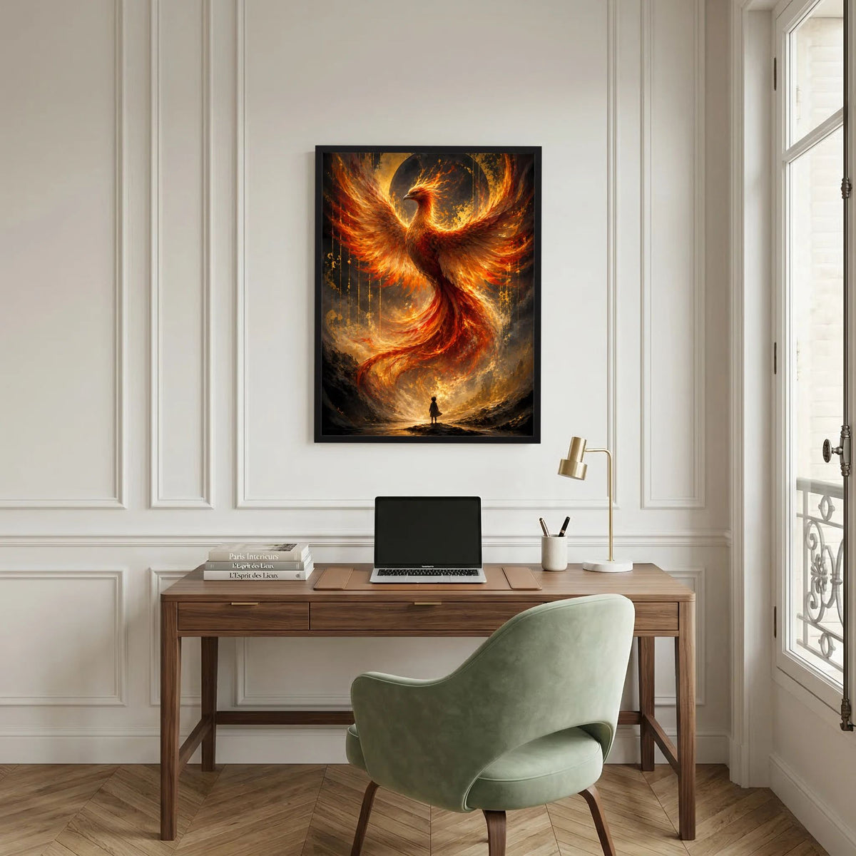 Hochformat-Poster mit Phönix aus Feuer in Gold und Orange, schwarzer Rahmen an Paneelwand