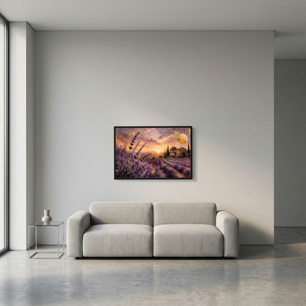 Wandposter im Querformat mit Lavendelfeld, Landhaus und großer goldener Sonne, dunkler Rahmen.