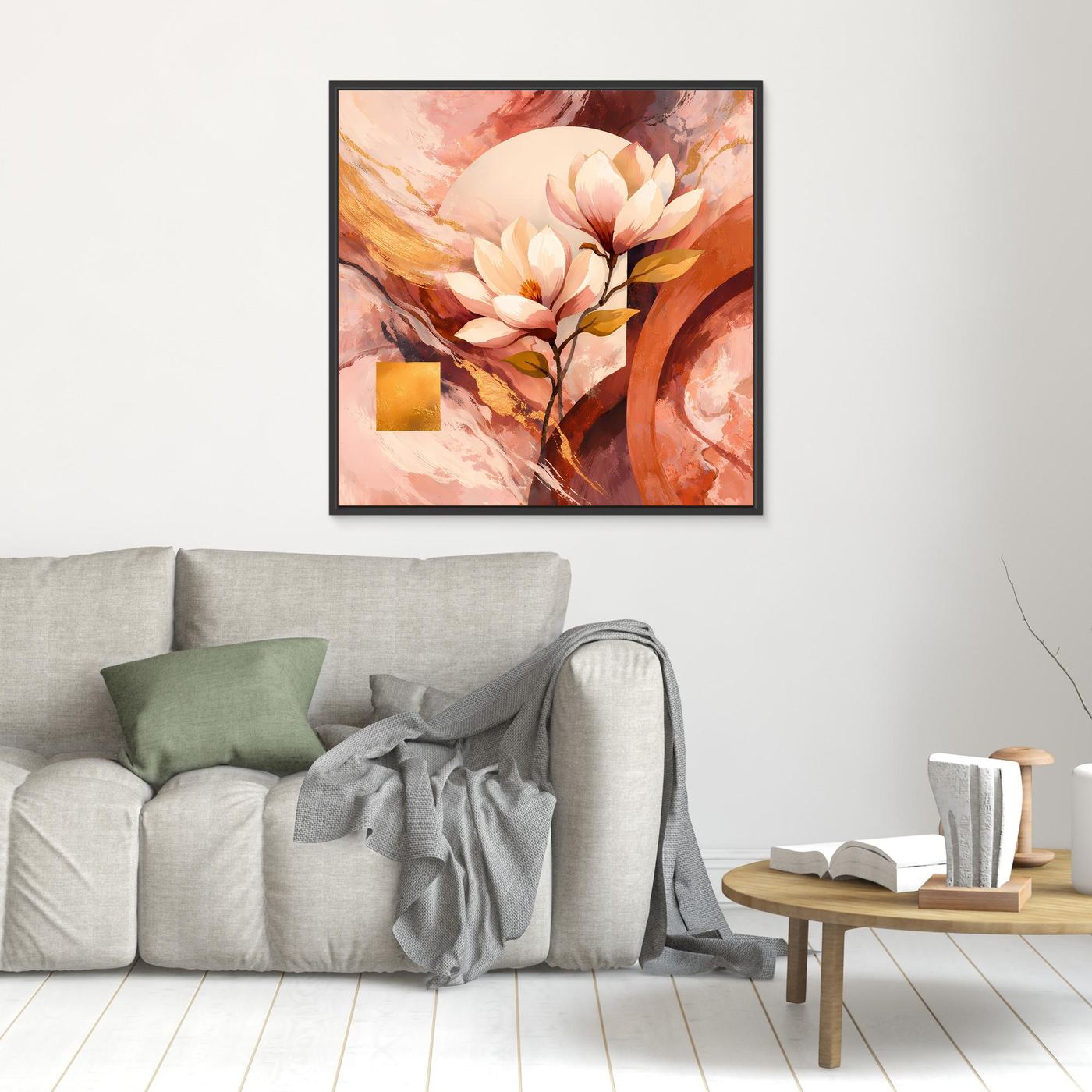 Kleines Leinwandbild: Magnolienblüten in Rosé, abstrakte Bögen, goldener Akzent; schwarz