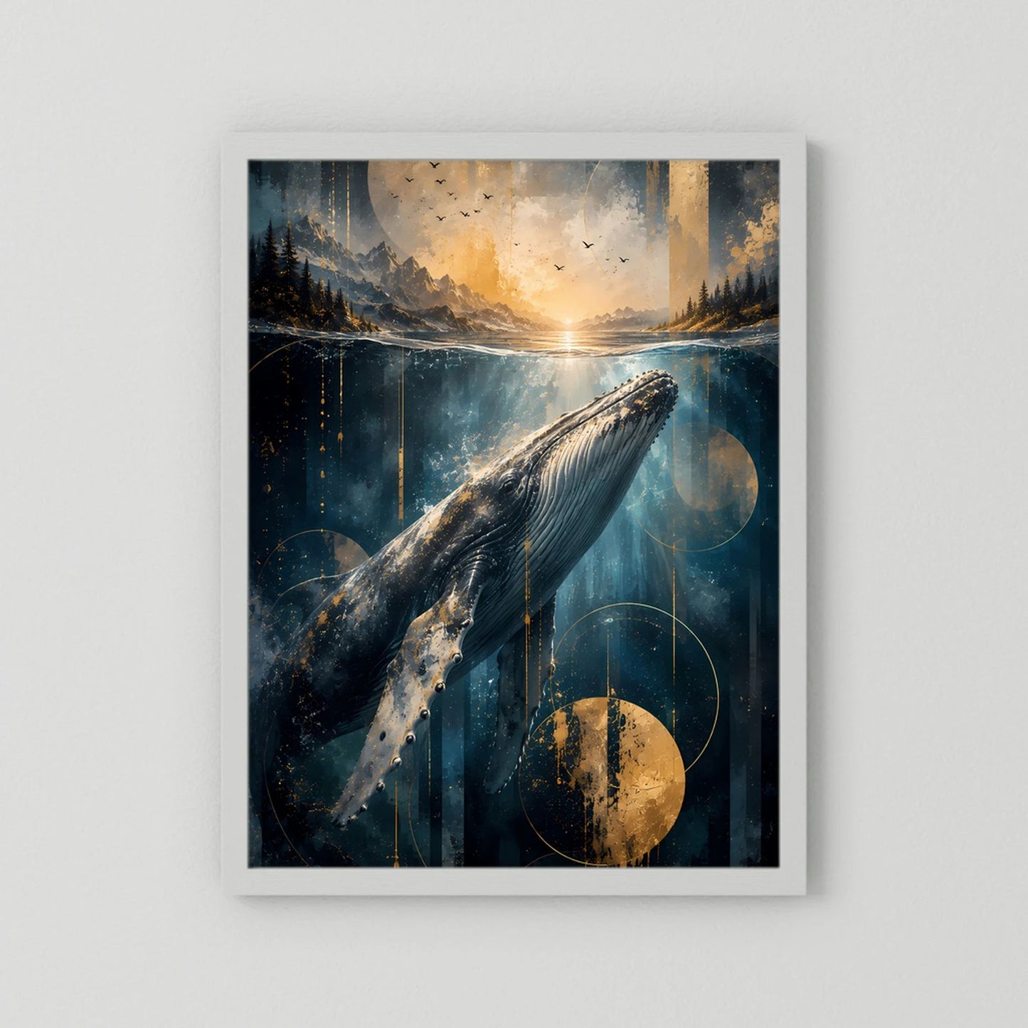 Poster im Hochformat mit Wal unter Wasser, Ozeanlandschaft in Blau und Gold, weißer Rahmen