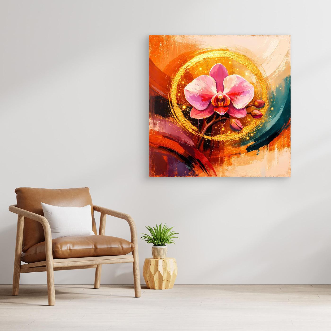Florales Leinwandbild mit rosa Orchidee und goldener Kreisform, abstrakt, mit goldfarbenem Rahmen