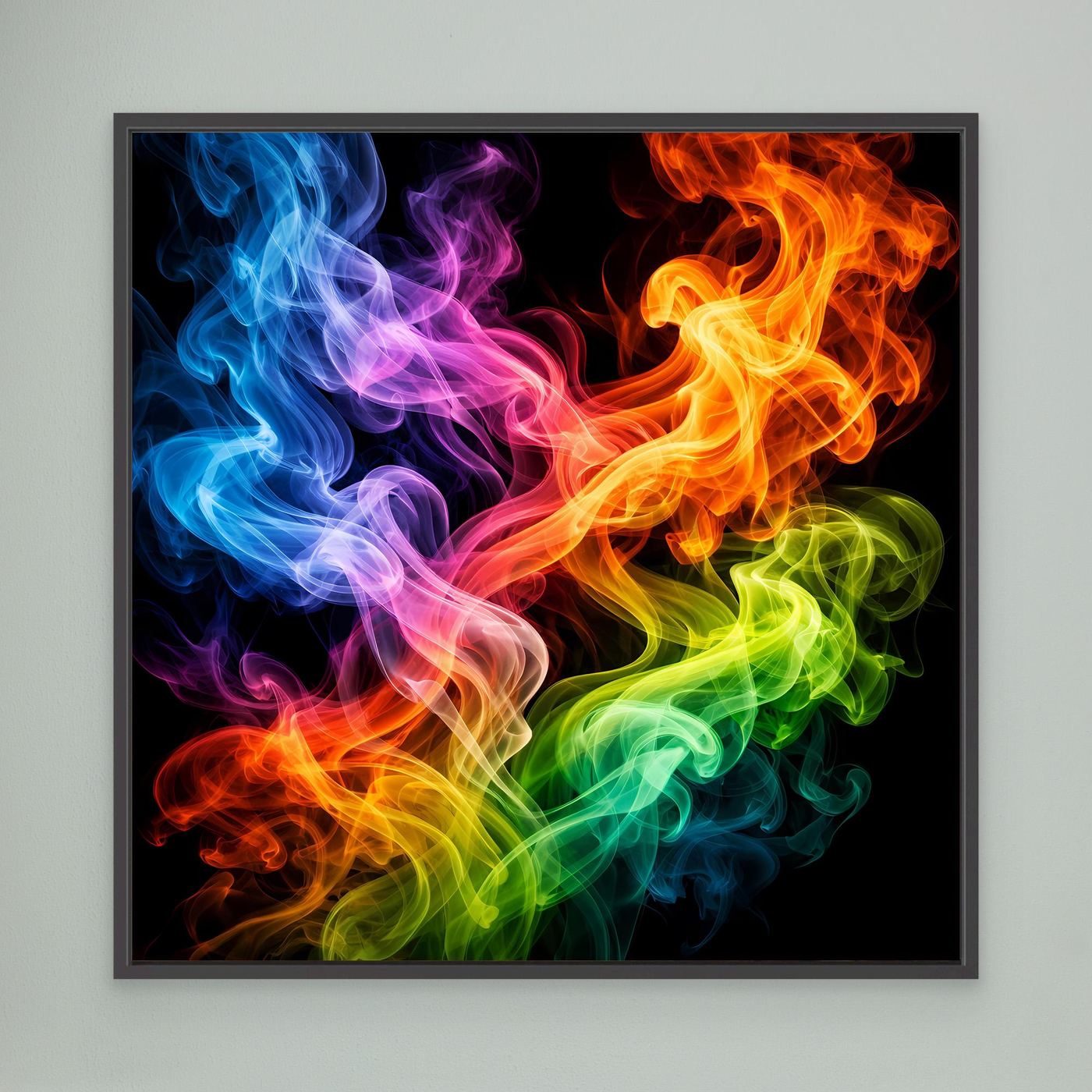 Abstraktes Rauchbild mit farbigem Nebel, schwarzer Rahmen, Leinwandbild mit leuchtenden Farben