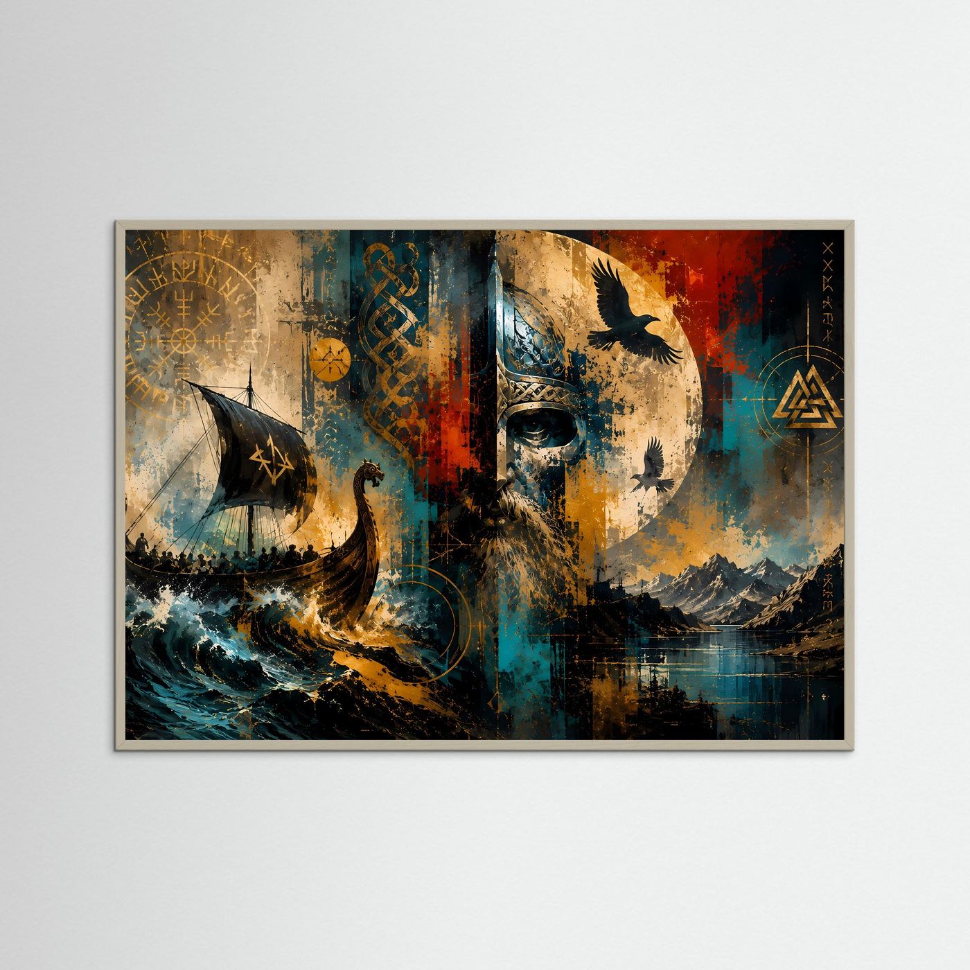 Wikinger Wandbild | Nordische Mythologie Kunst | Viking Langschiff & Krieger | Abstraktes Odin Poster | Skandinavische Premium Wanddekoration