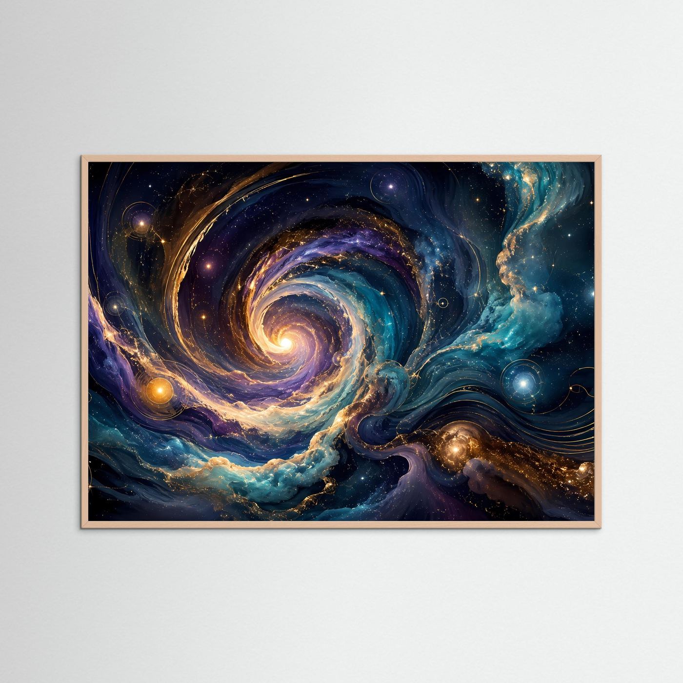 Querformat-Poster mit Spiralnebel in Blau-Türkis und goldenen Lichtern, heller Holzrahmen
