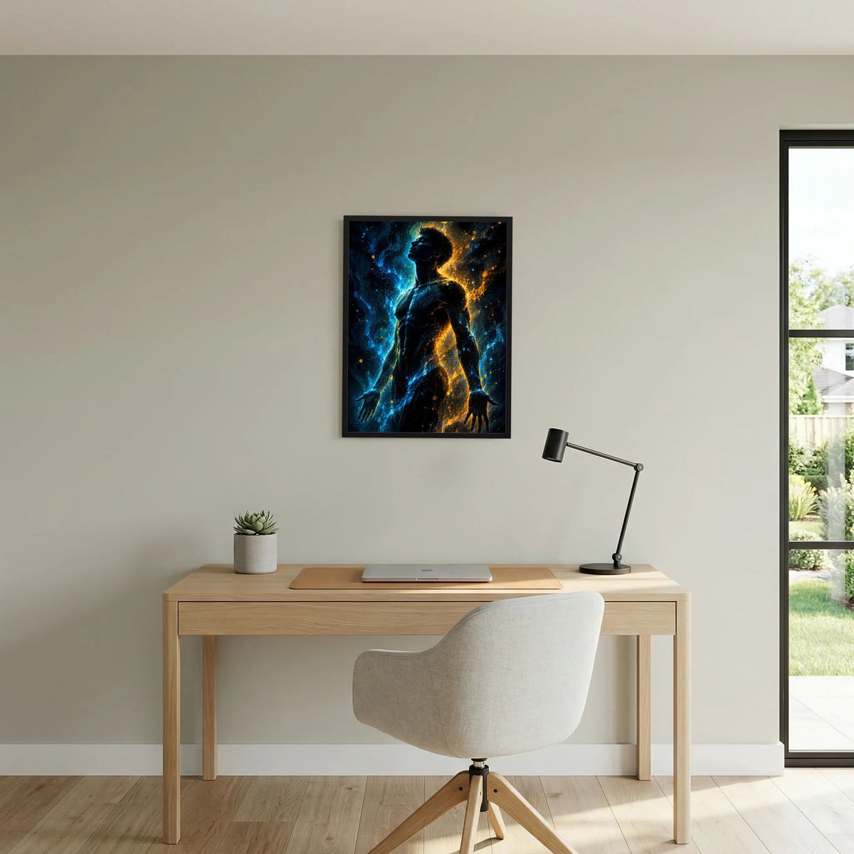 Gerahmtes Poster mit männlicher Silhouette in Blau und Gold, an der Wand über dem Schreibtisch.