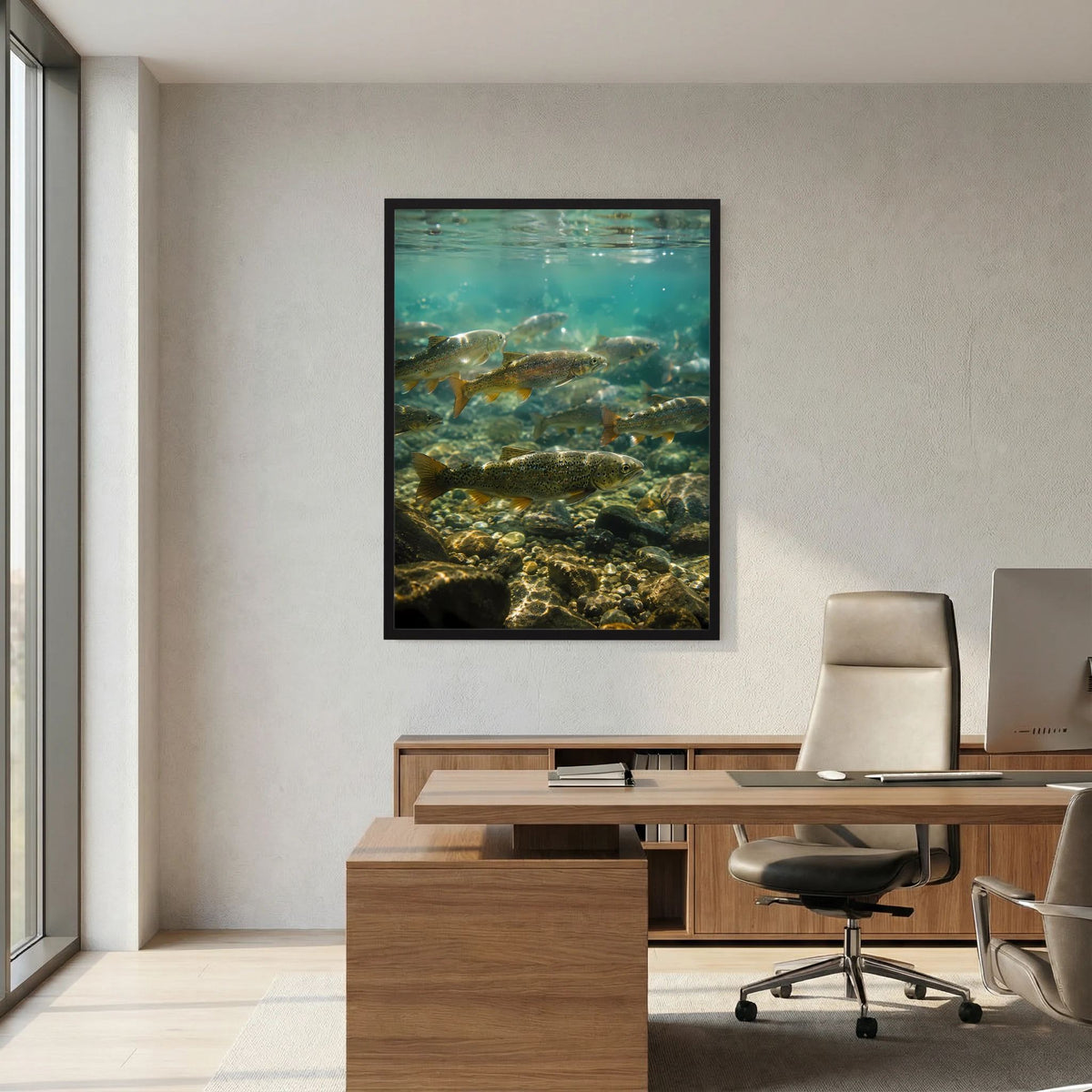 Poster im Hochformat: Unterwasserwelt mit mehreren Forellen und Flusssteinen, schwarz gerahmt.