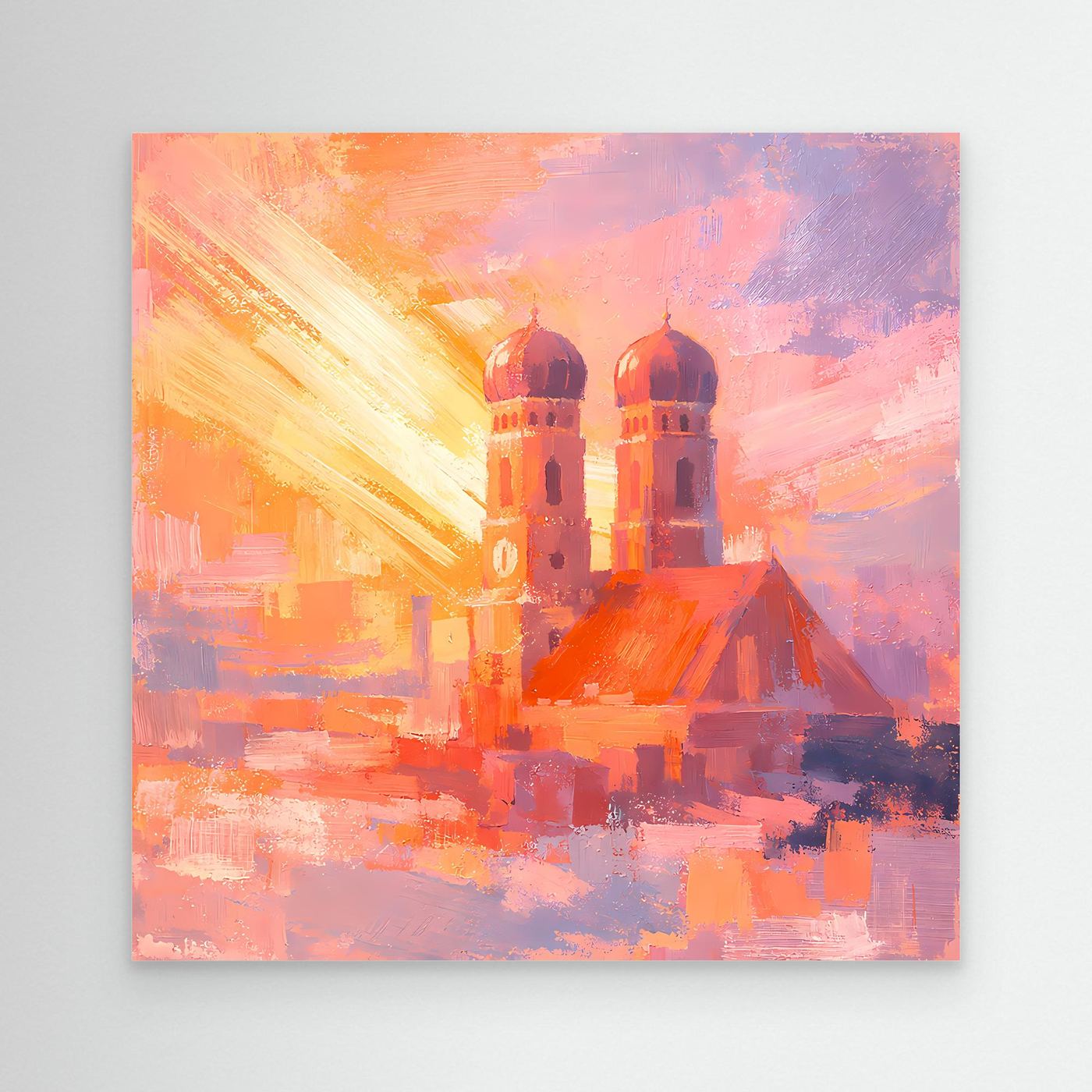 Premium Leinwand Frauenkirche München im Sonnenaufgang | Abstraktes Skyline Wandbild Bayern