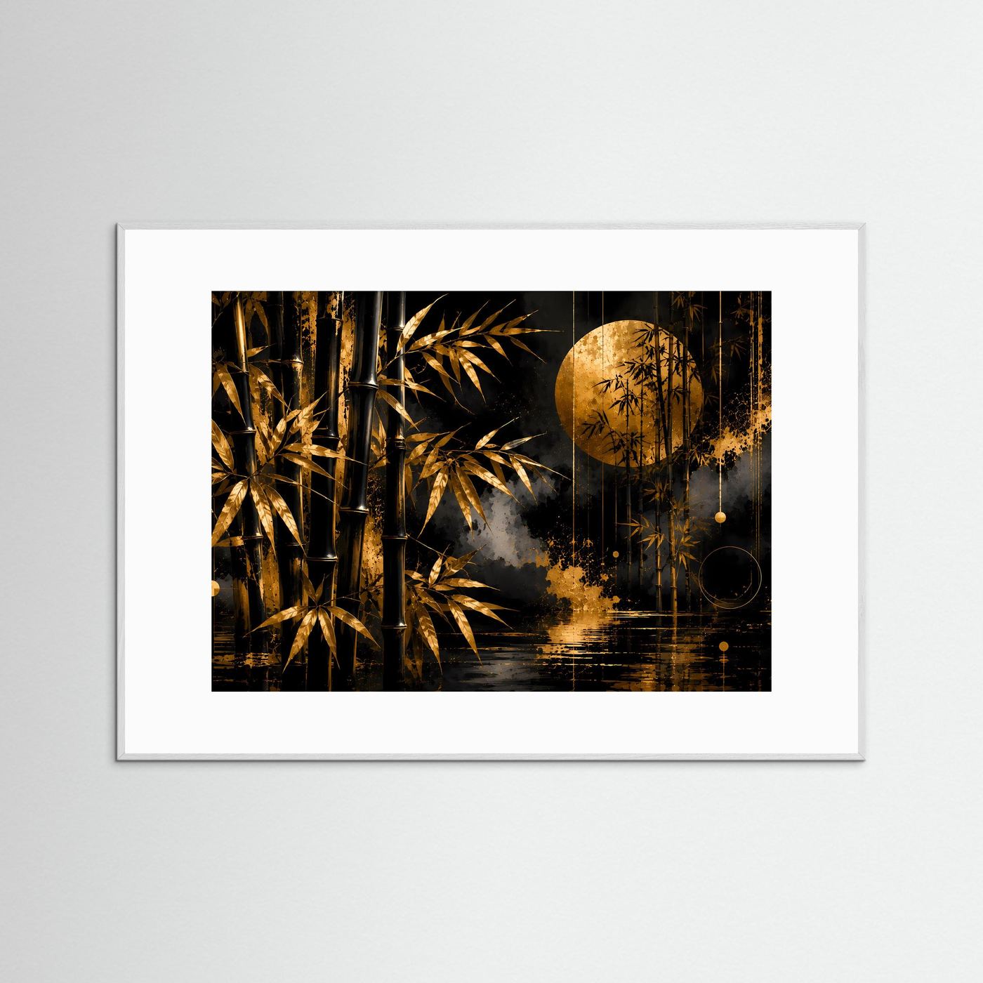 Querformat-Poster: Bambuswald mit Vollmond, schwarz-gold; weißer Rahmen