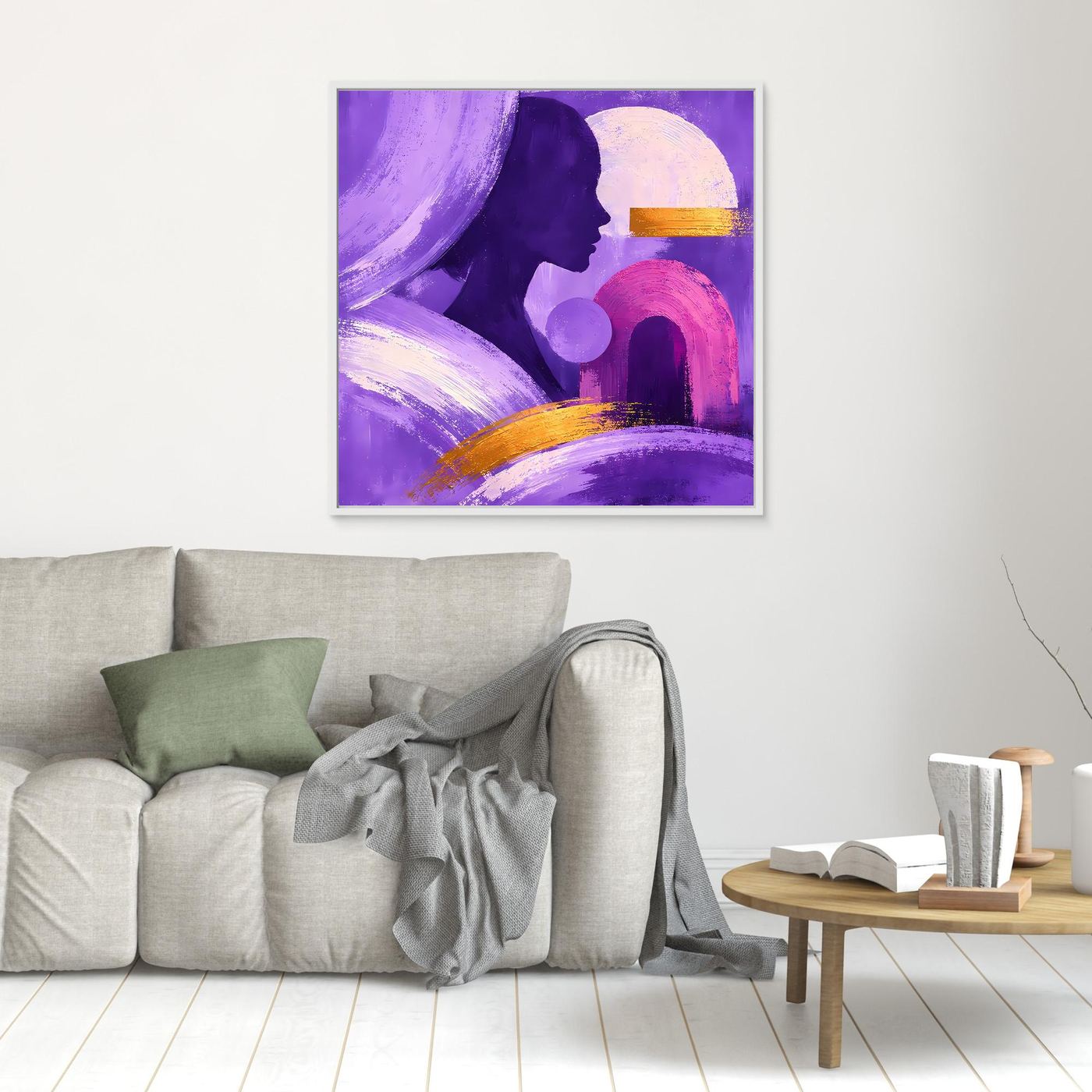 Abstraktes Leinwandbild mit Frauenprofil, violettem Hintergrund und Goldstreifen, klein, hell gerahmt.