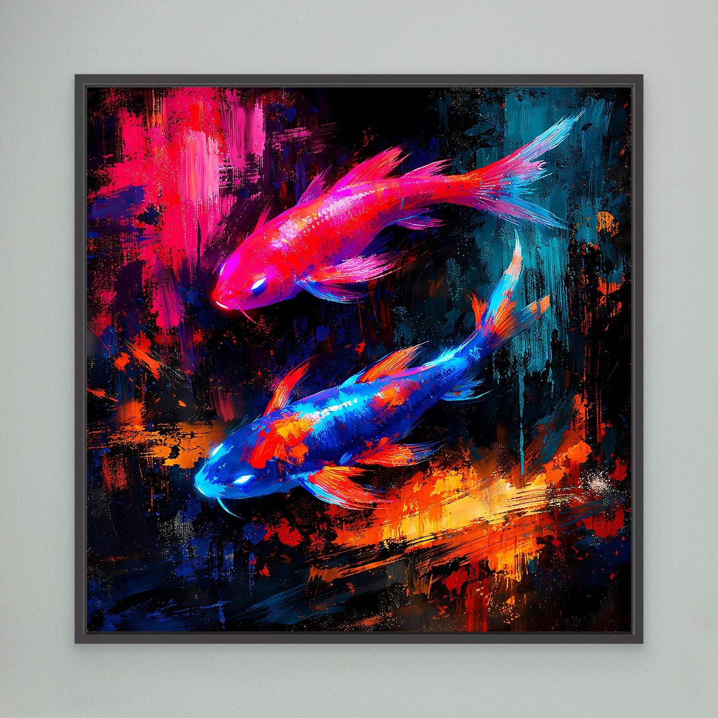Leinwandbild mit leuchtenden Koi-Fischen, Pink und Blau, im dunklen Rahmen