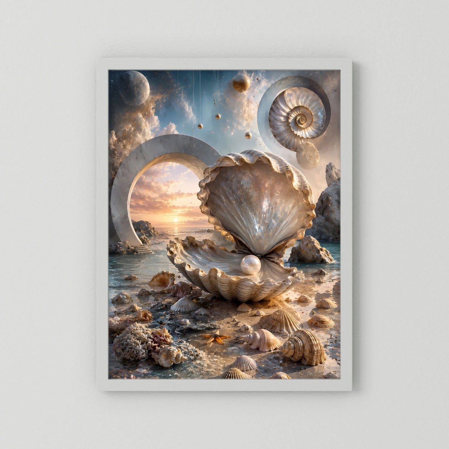 Hochformat-Poster mit Muschelmotiv in Creme und Gold, weißer Rahmen