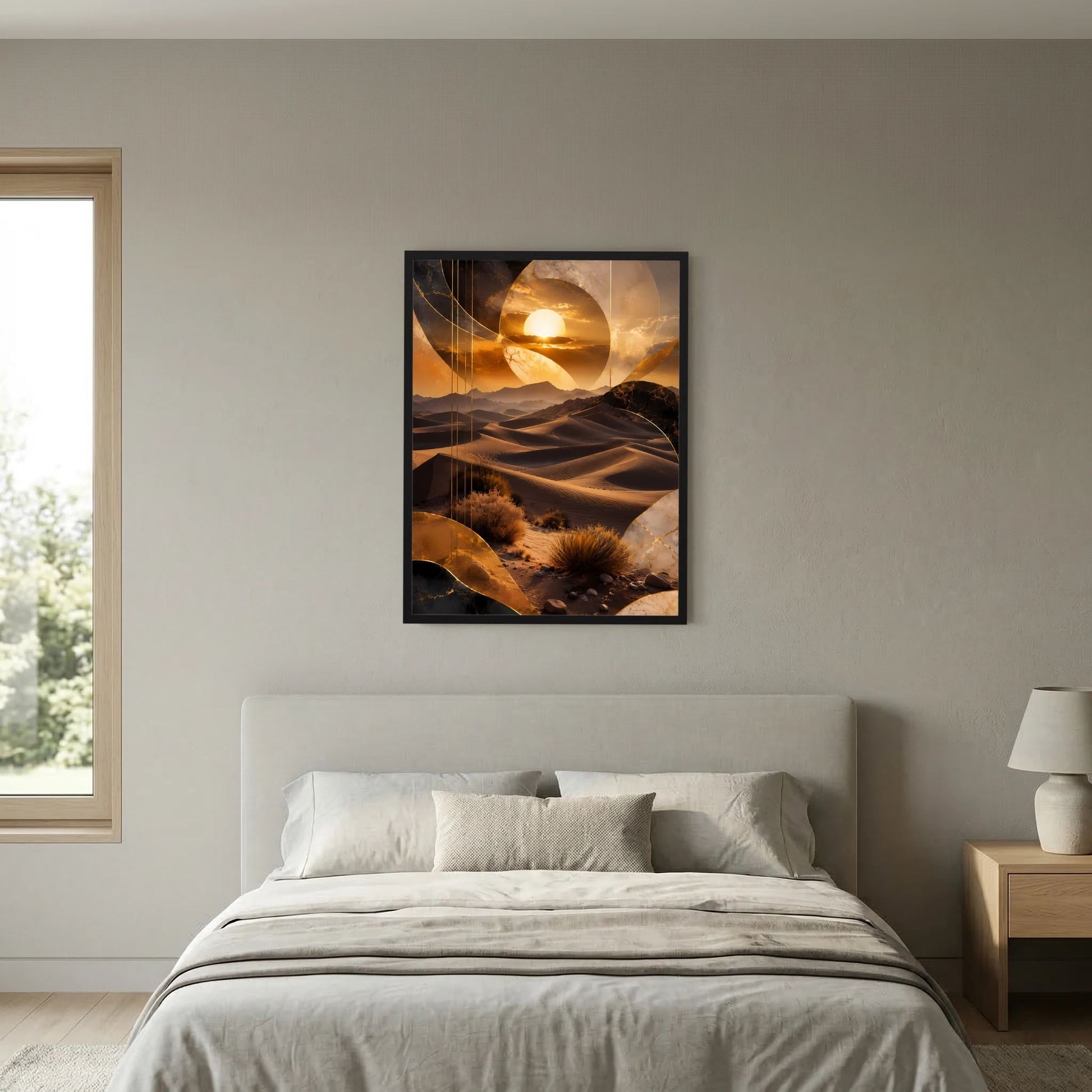 Hochformatiges Wüsten-Poster mit goldenem Sonnenmotiv und Dünen in dunklem Rahmen